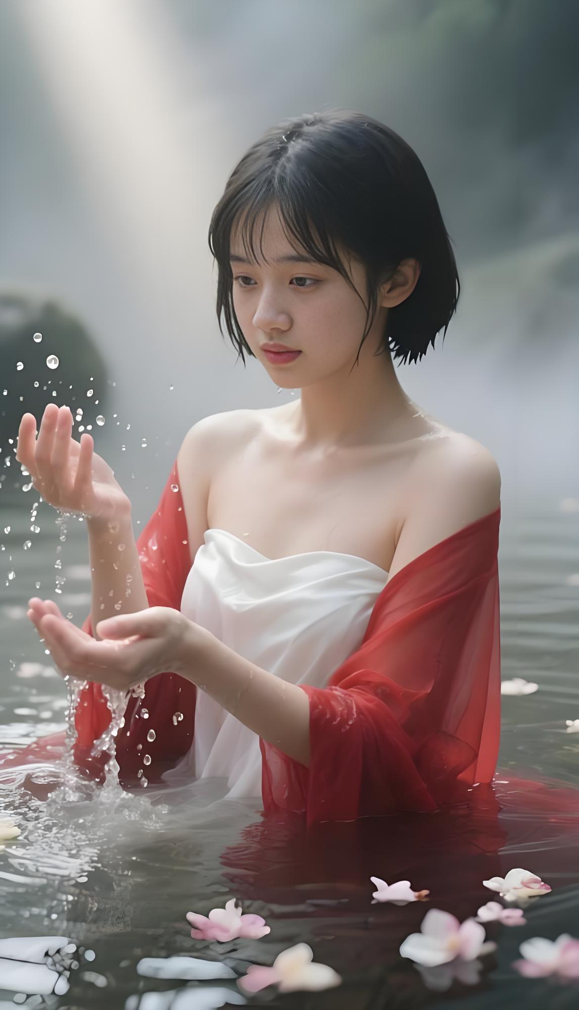 春波碧草，晓寒深处，相对浴红衣。