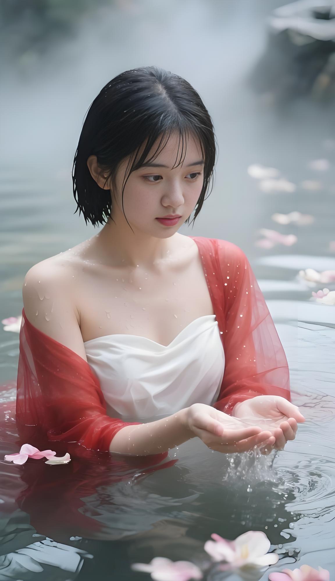 春波碧草，晓寒深处，相对浴红衣。
