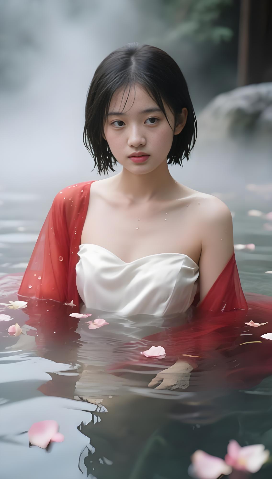 春波碧草，晓寒深处，相对浴红衣。