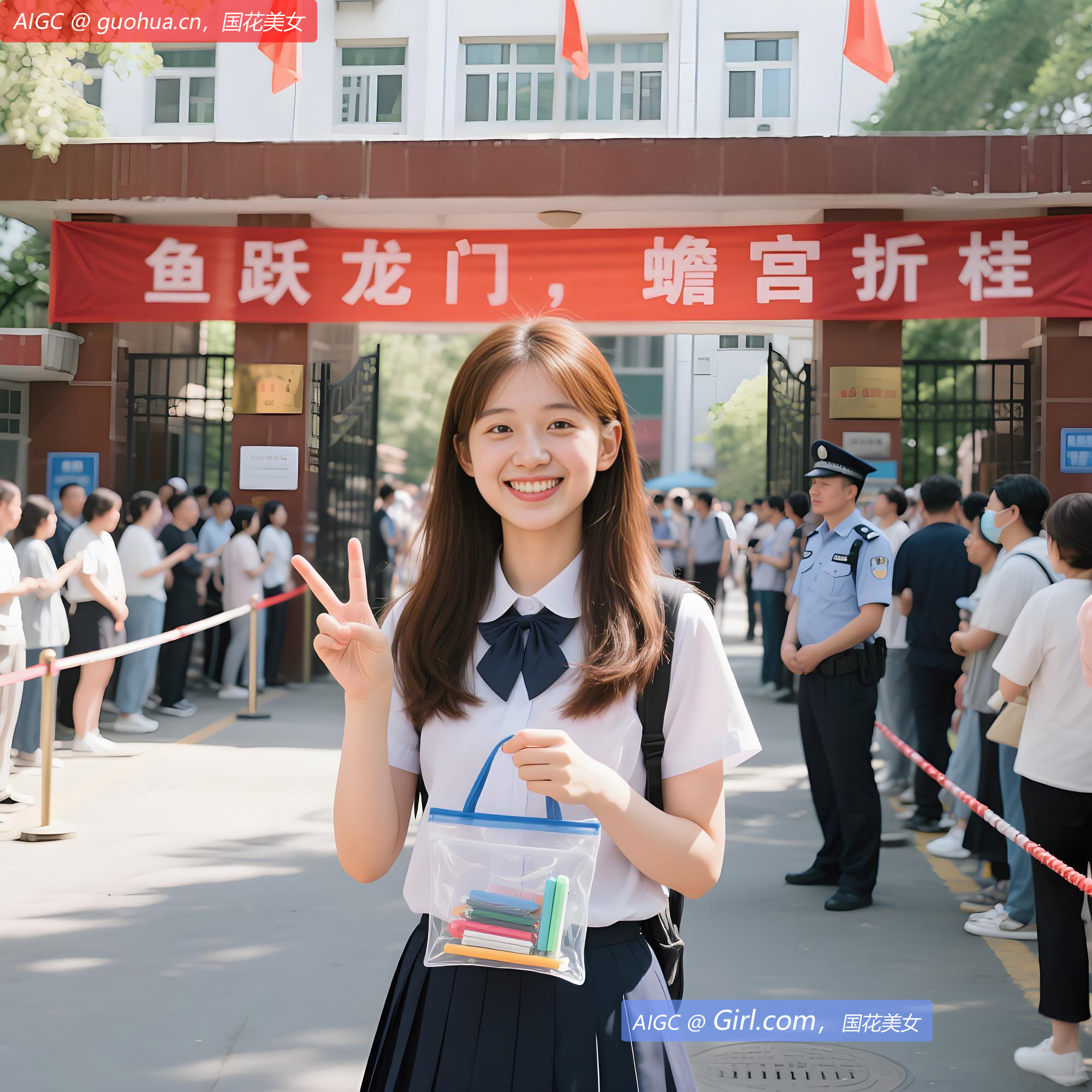 一位考生进入考场前和家长比V示意