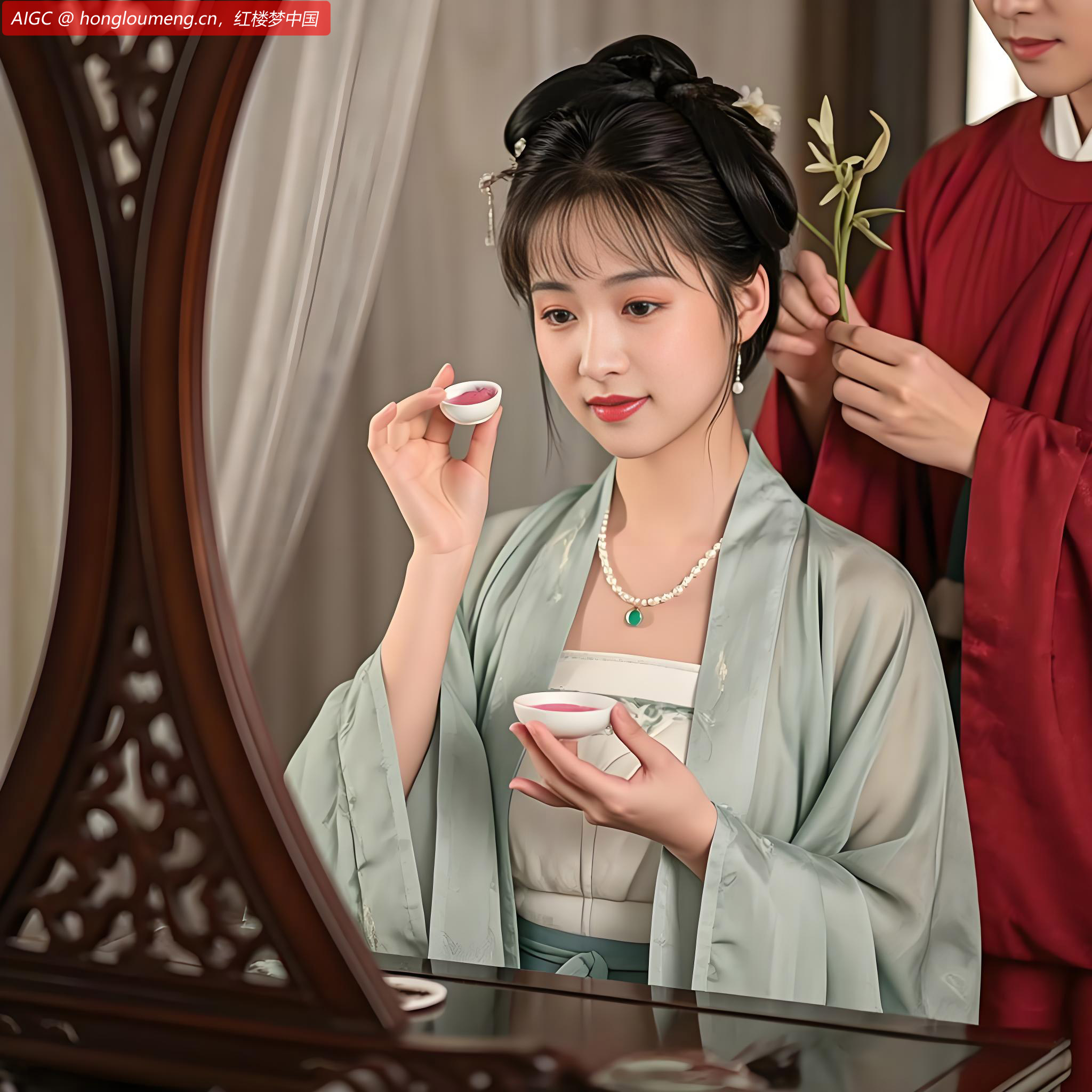 平儿依言妆饰，果见鲜艳异常，且又甜香满颊。