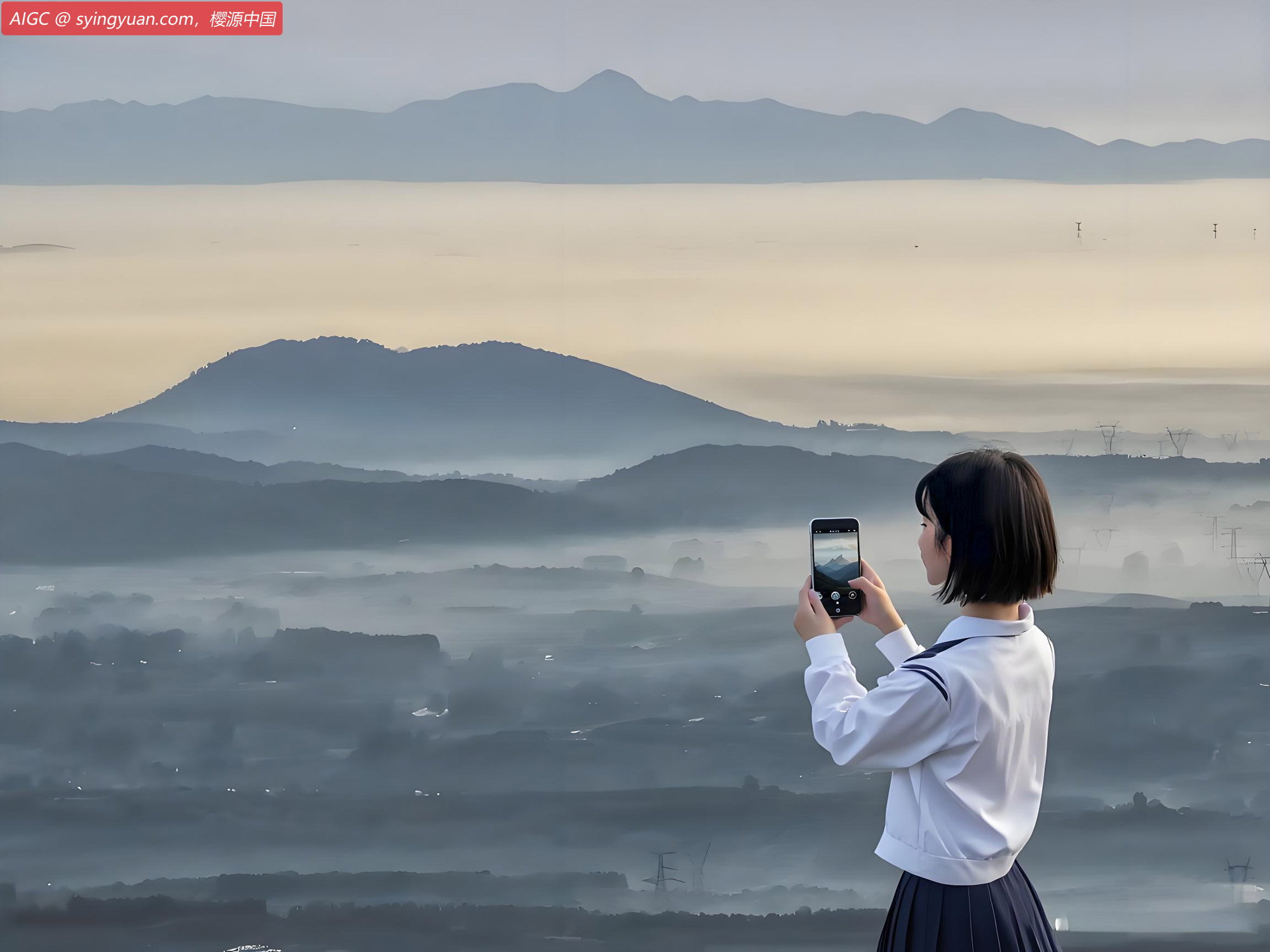 山东日照，村庄、山峦在晨雾中若隐若现，宛若水墨画卷。