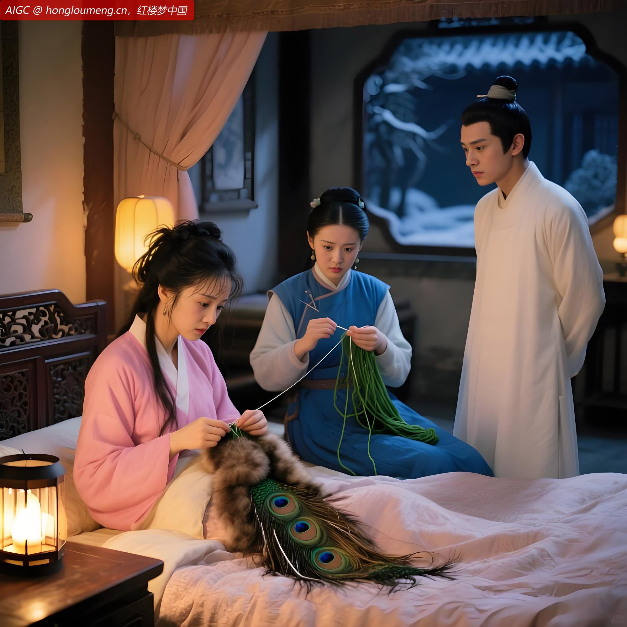 晴雯先将里子拆开，用茶杯口大小一个竹弓