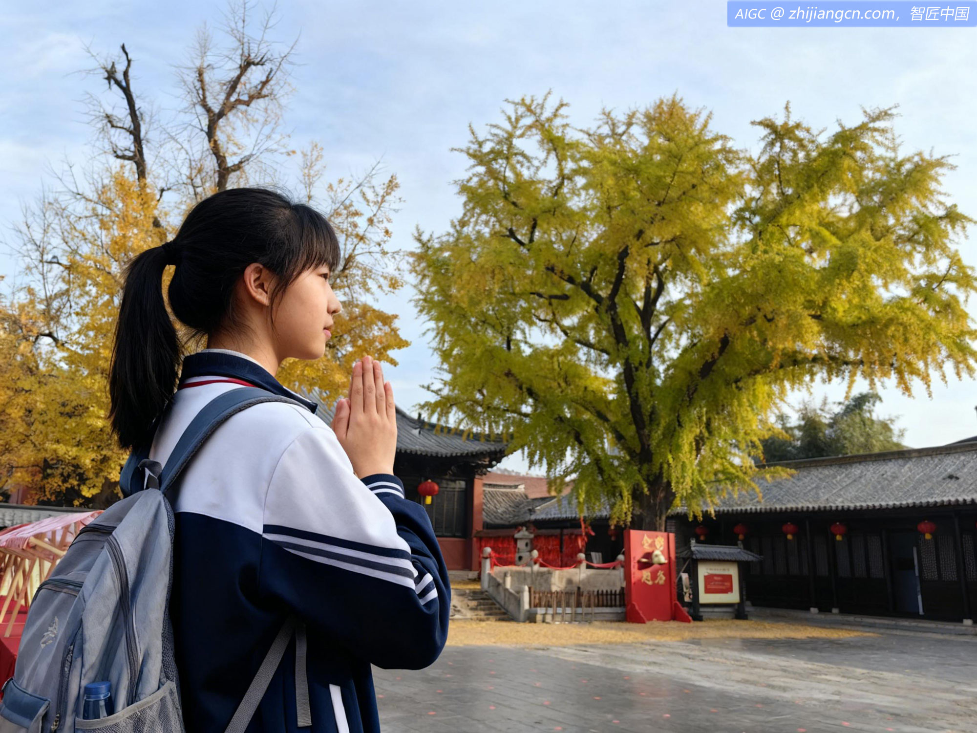 一位高三女生在安徽寿县孔庙前，祈祷学业进步