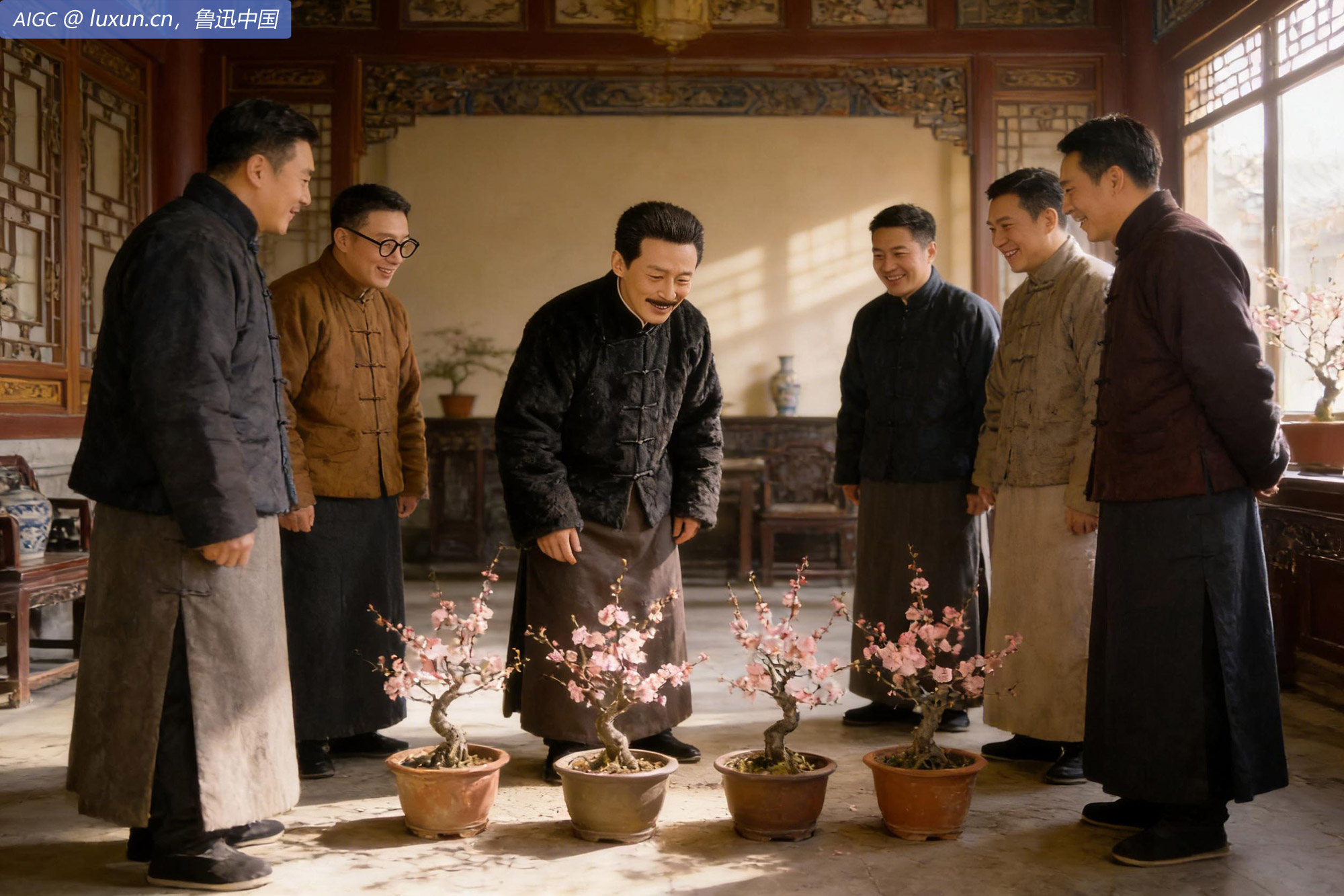 上午同僚送桃、梅花八盆。  ​