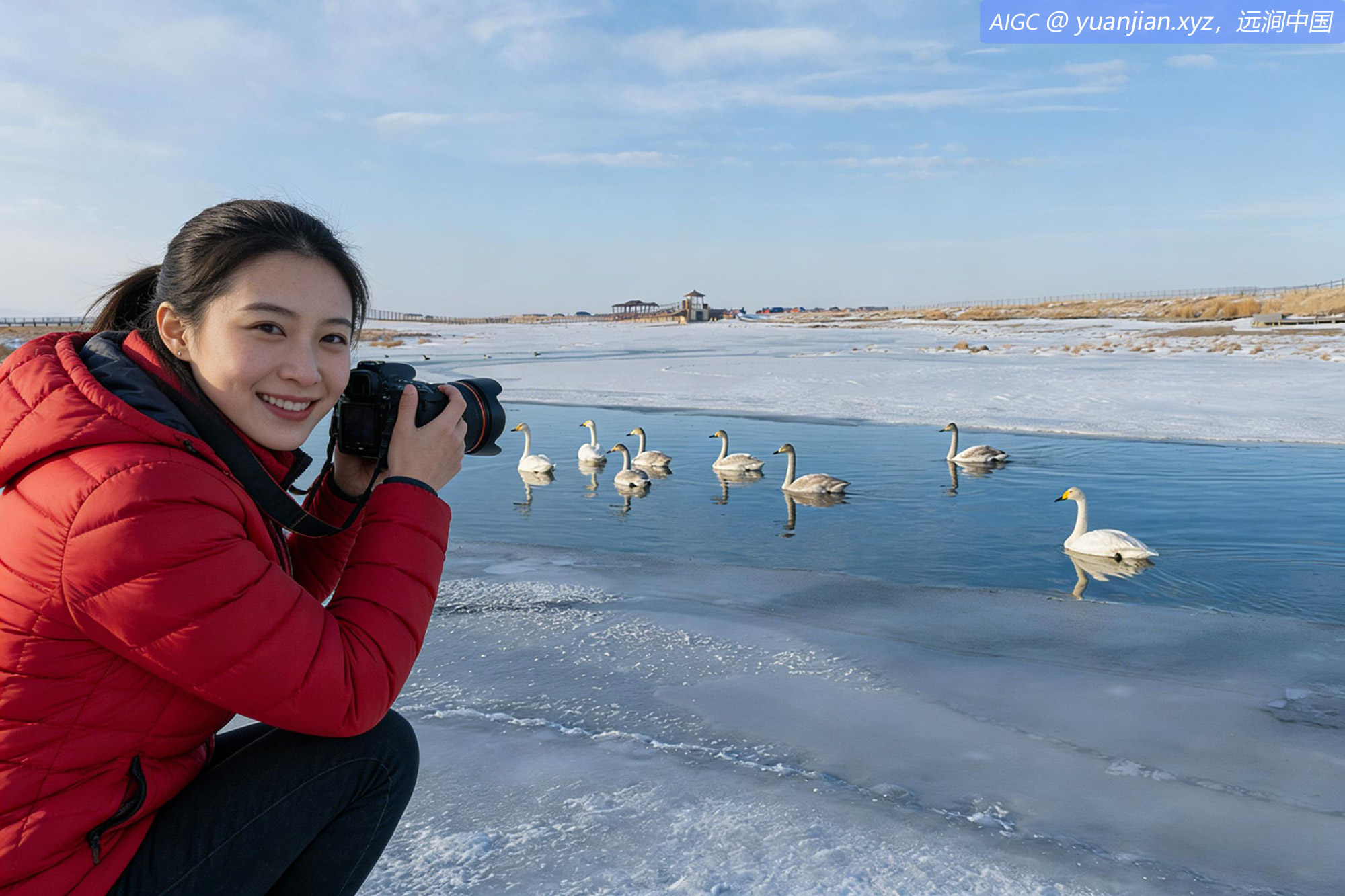 新疆巴里坤高家湖湿地公园，大天鹅在水中悠然游弋