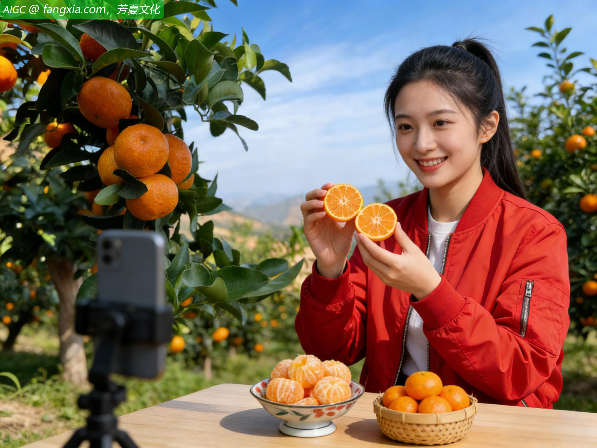 一位美女农场主正在给网友讲解刚采摘的砂糖桔