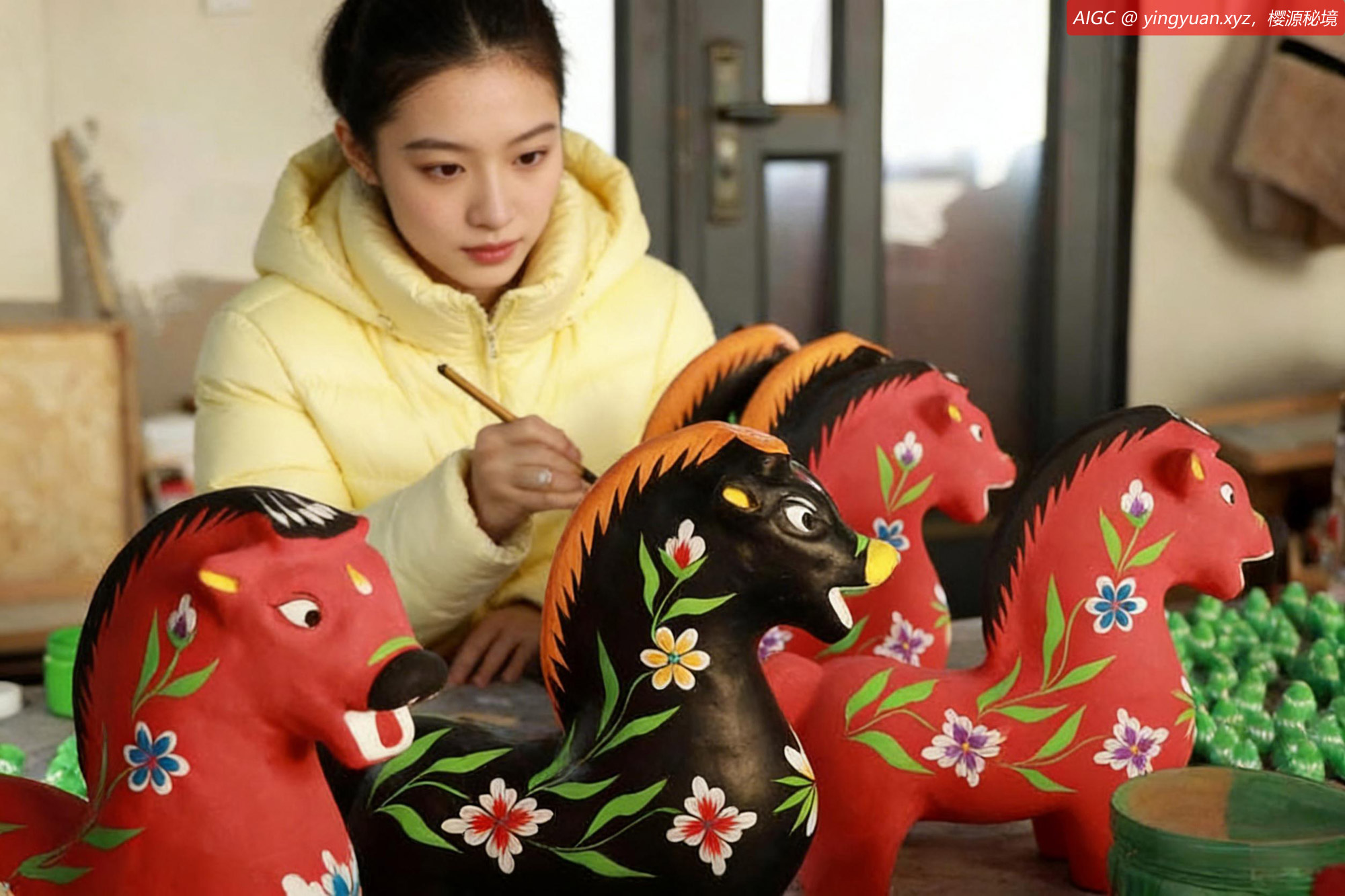 河南省鹤壁市一家非遗工坊，工人在绘制生肖马泥咕咕