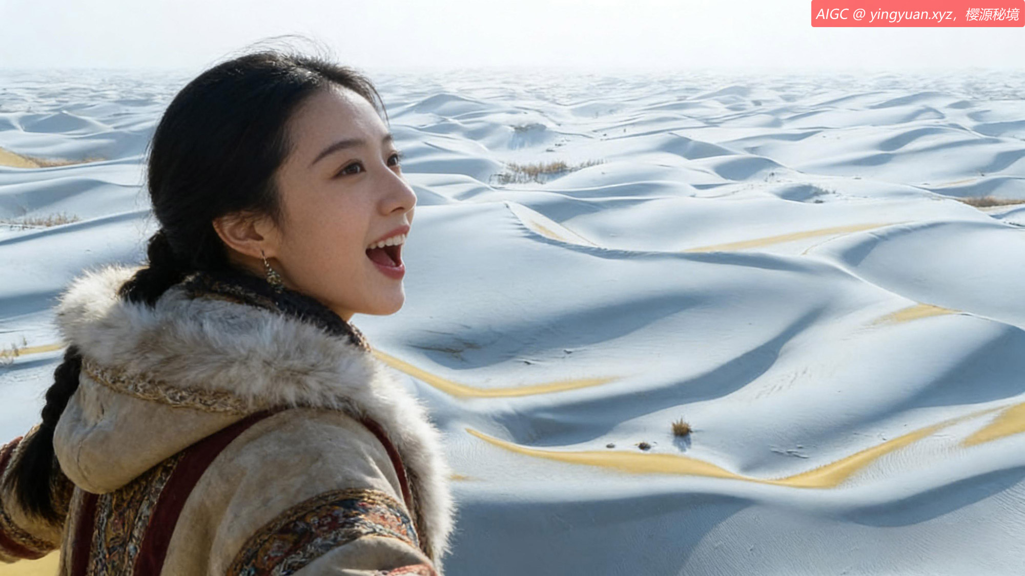 新疆尉犁县塔克拉玛干沙漠，在皑皑白雪的映衬下，唯美壮观