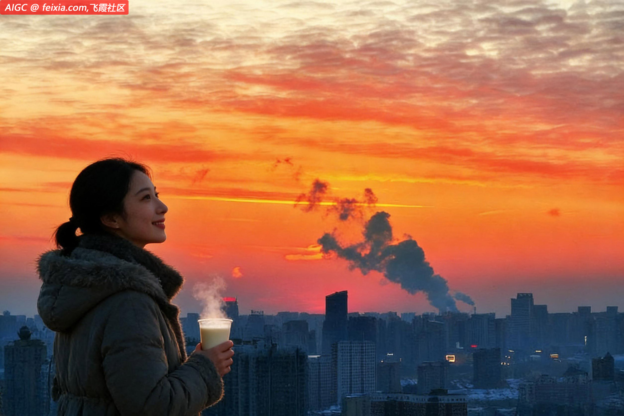 哈尔滨市，天际被晚霞浸染成一片绯红，如泼墨画卷铺展