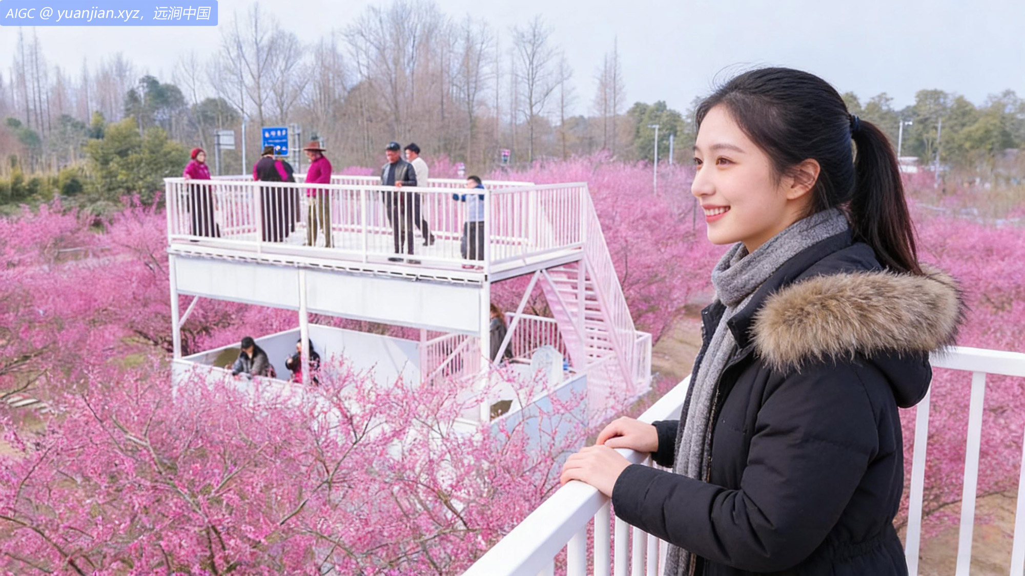 四川崇州梅花三弄景区，梅花竞相绽放