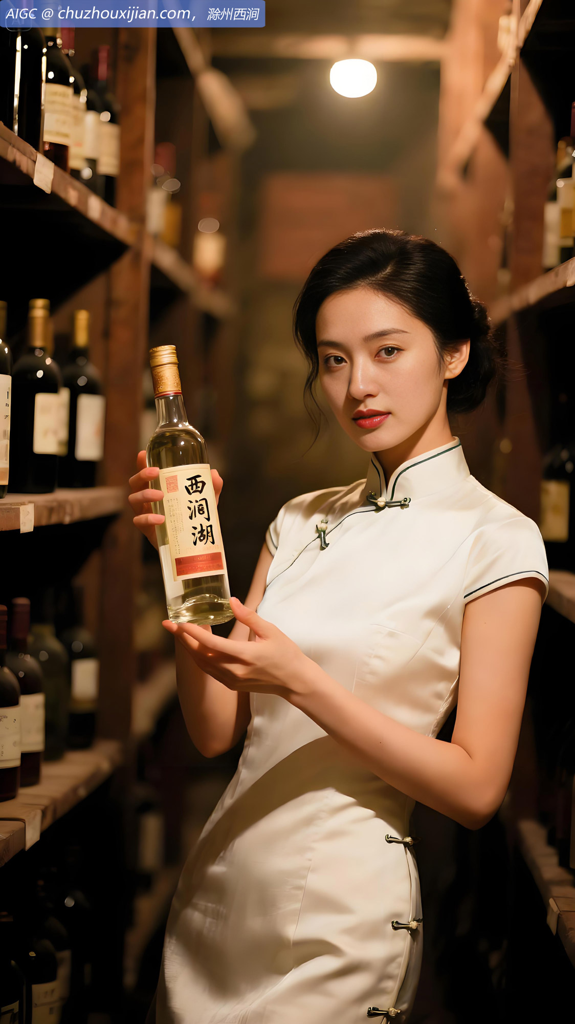 林婉瑜身着典雅白色旗袍，手持的西涧湖干白