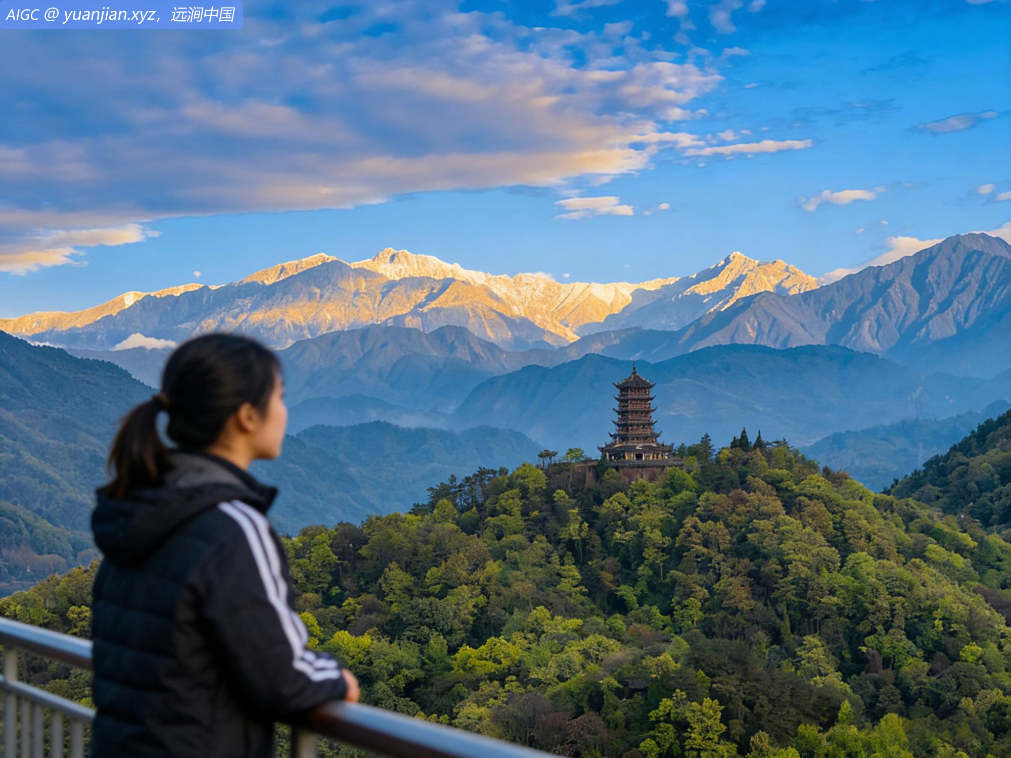 四川都江堰，西岭雪山主峰大雪塘和火烧杠雪山尽收眼底
