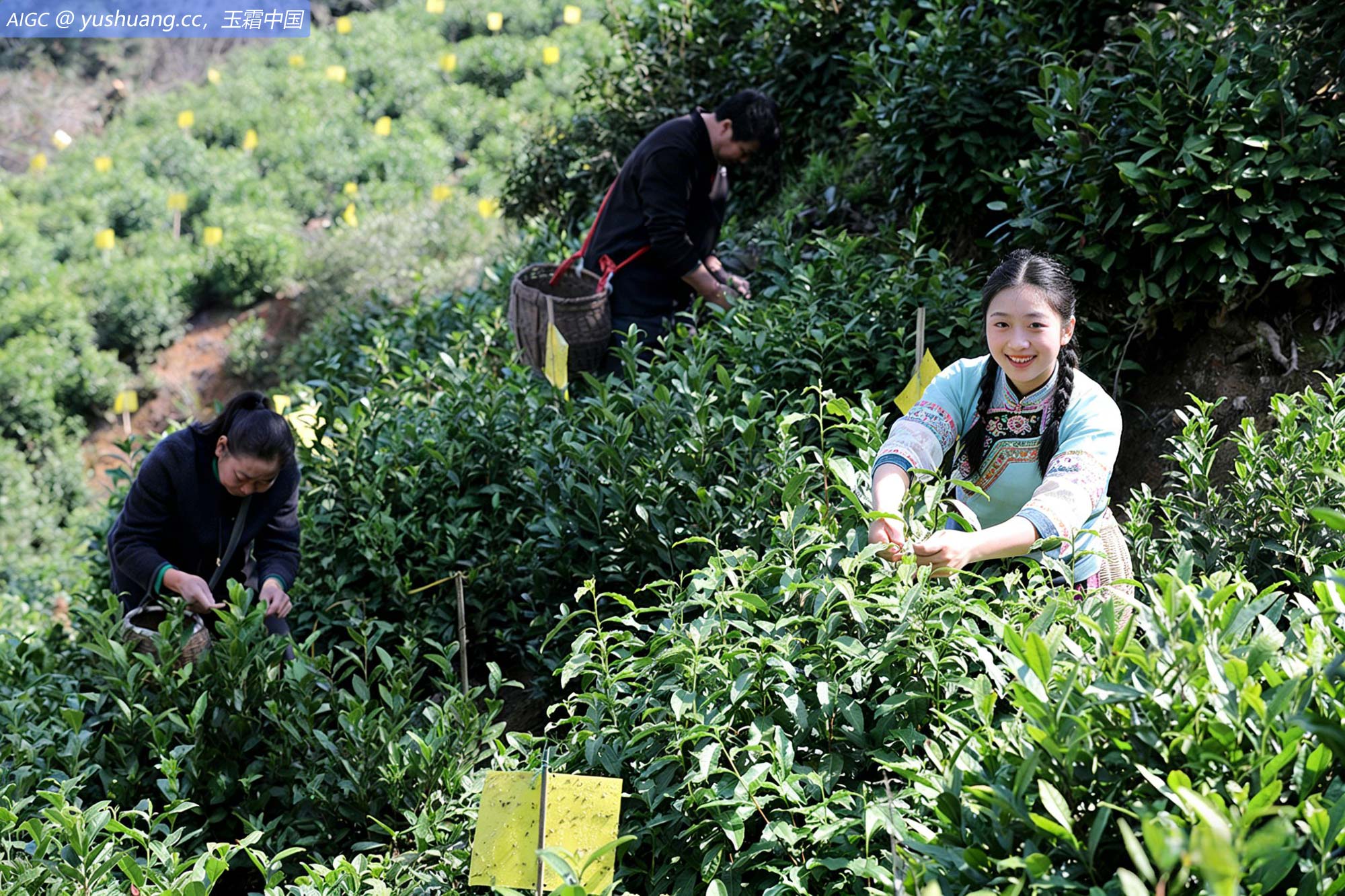 徽州区富溪乡的黄山毛峰核心产区，茶农正采摘明前茶