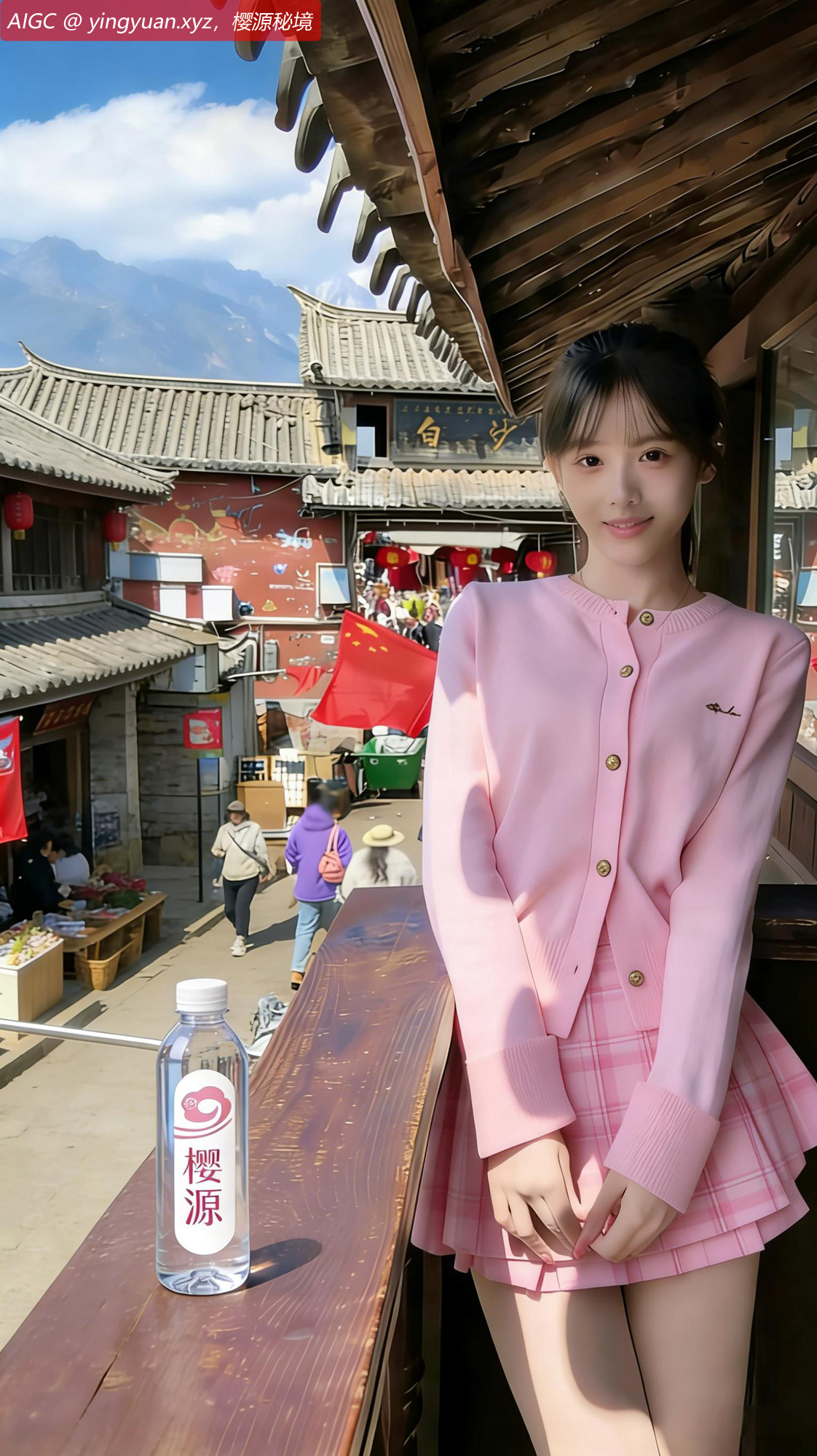 江晓樱站在云南丽江白沙古镇的门楼上打卡