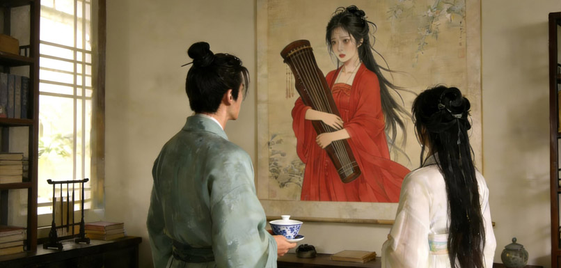 他妻子忽然轻声说：“这位仙子眼里，好像藏着许多故事。”