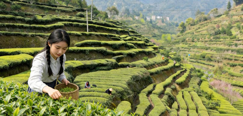 湖北省秭归县茅坪镇中坝子村茶农在茶园采春茶