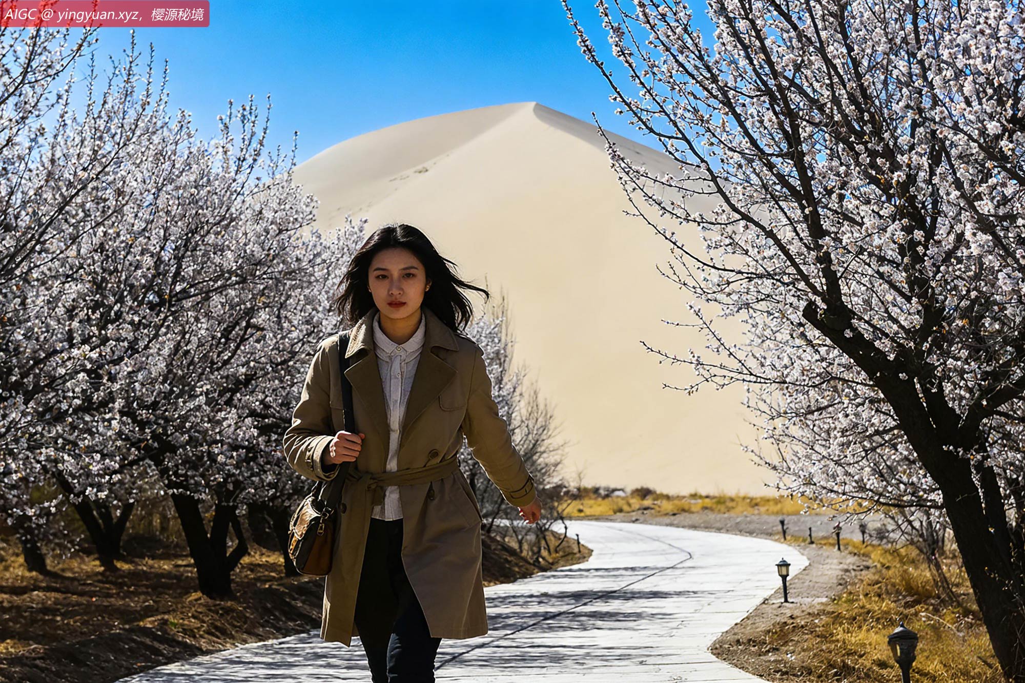 甘肃敦煌鸣沙山下，杏花次第绽放。