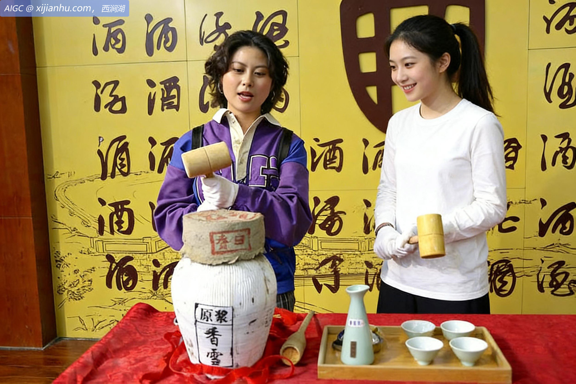 游客用木槌敲击酒坛封泥，体验黄酒开坛