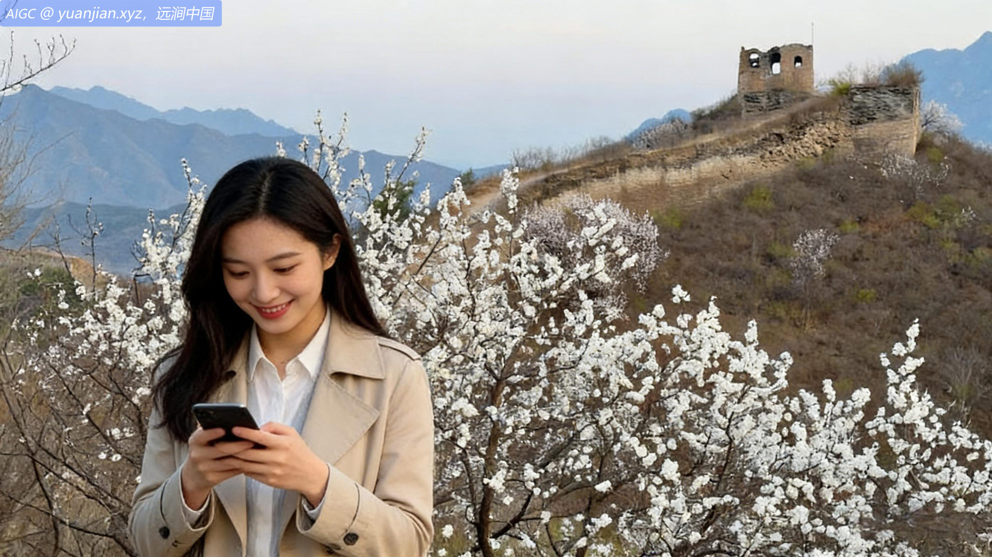 北京古北口镇蟠龙山长城山花烂漫