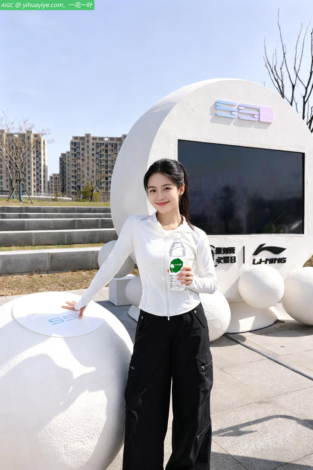 阳光明媚，菲夏姑娘身着白色上衣与黑色长裤