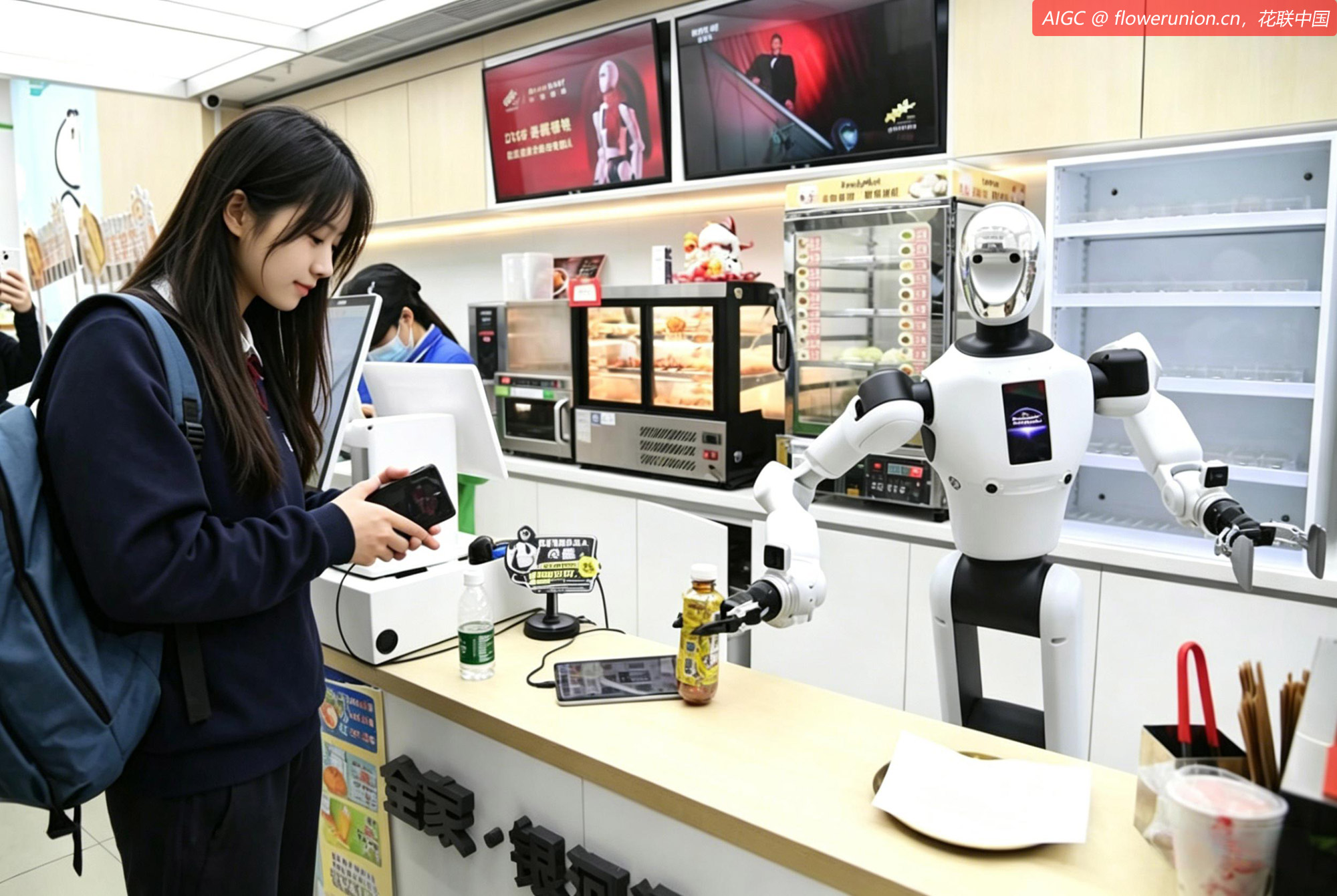 北京市海淀区中关村便利店，机器人为顾客抓取冰红茶