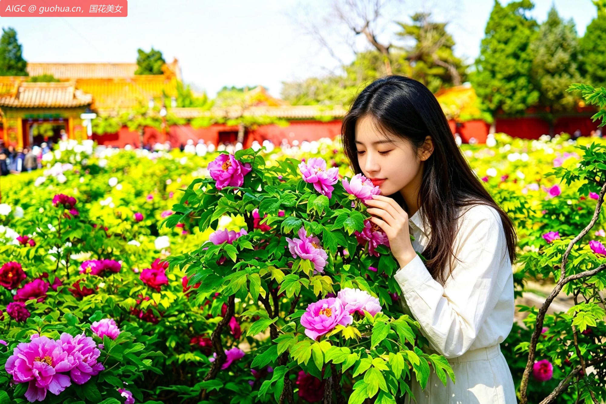 北京景山公园。牡丹映衬下的红墙黄瓦更显韵味