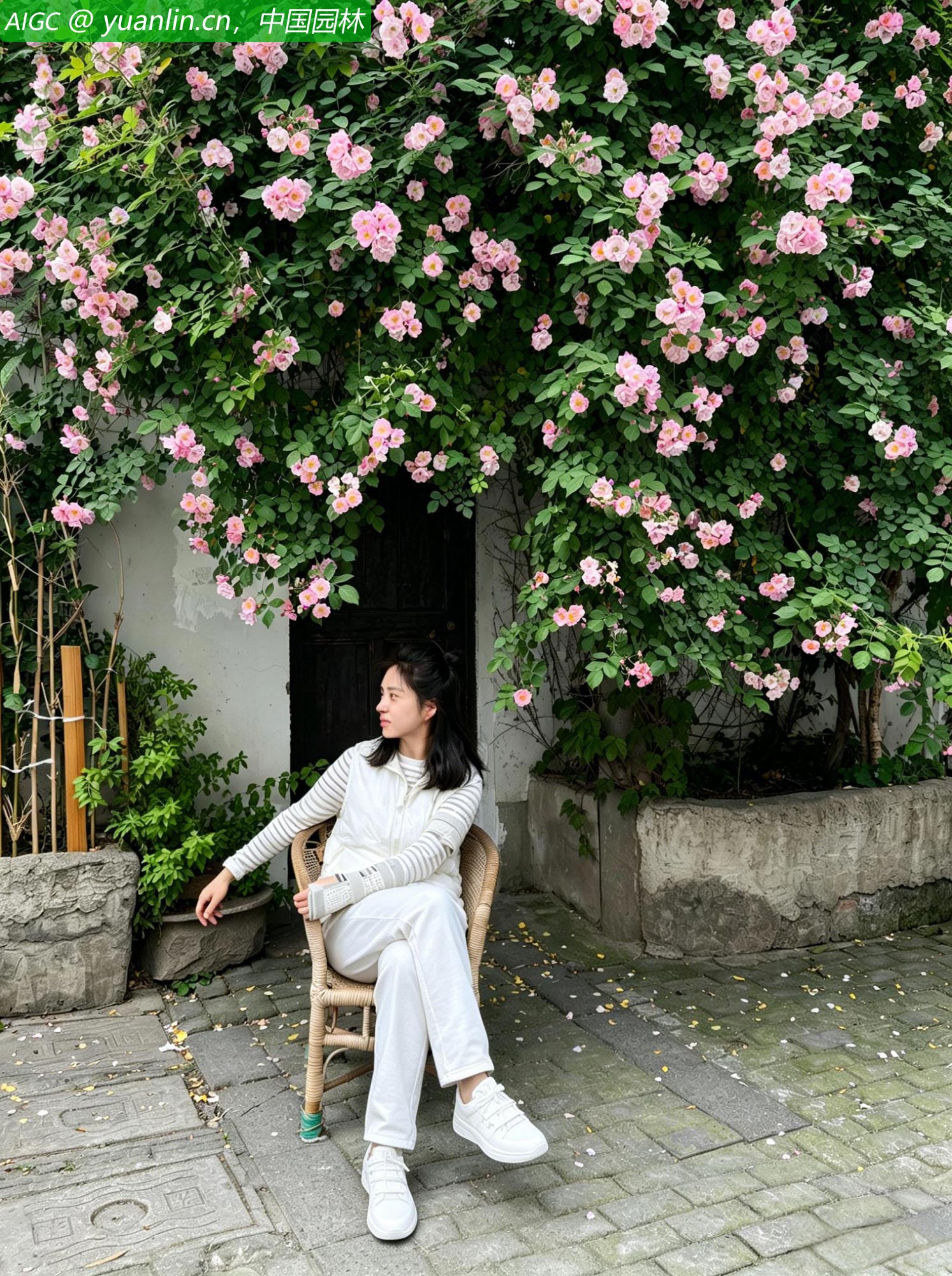 苏州艺圃内，蔷薇花肆意绽放，粉黛满架。