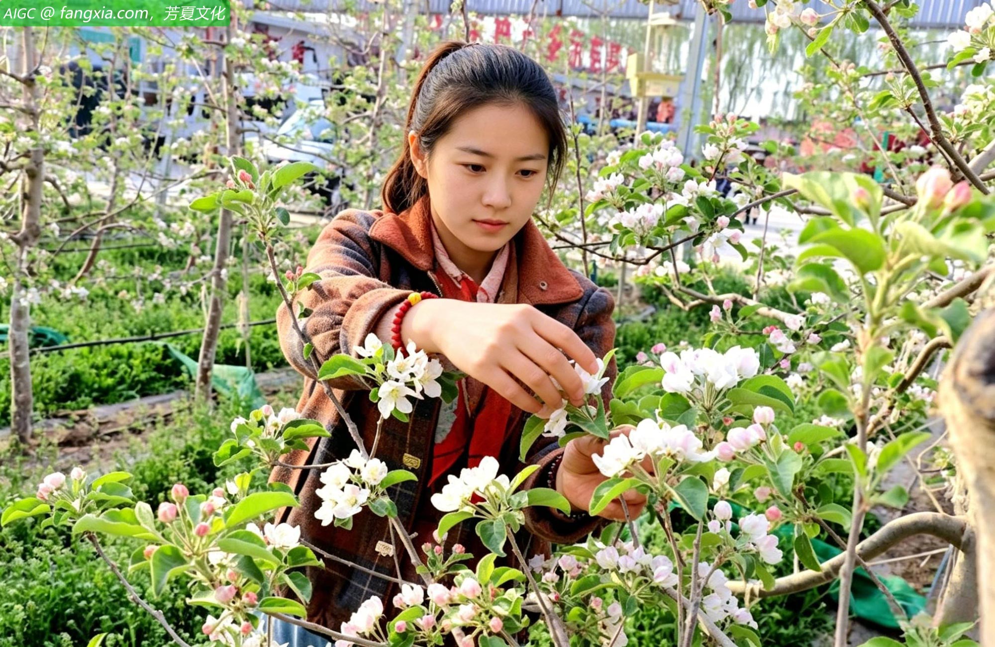 甘肃省平凉市咀头村，果农对苹果树进行疏花