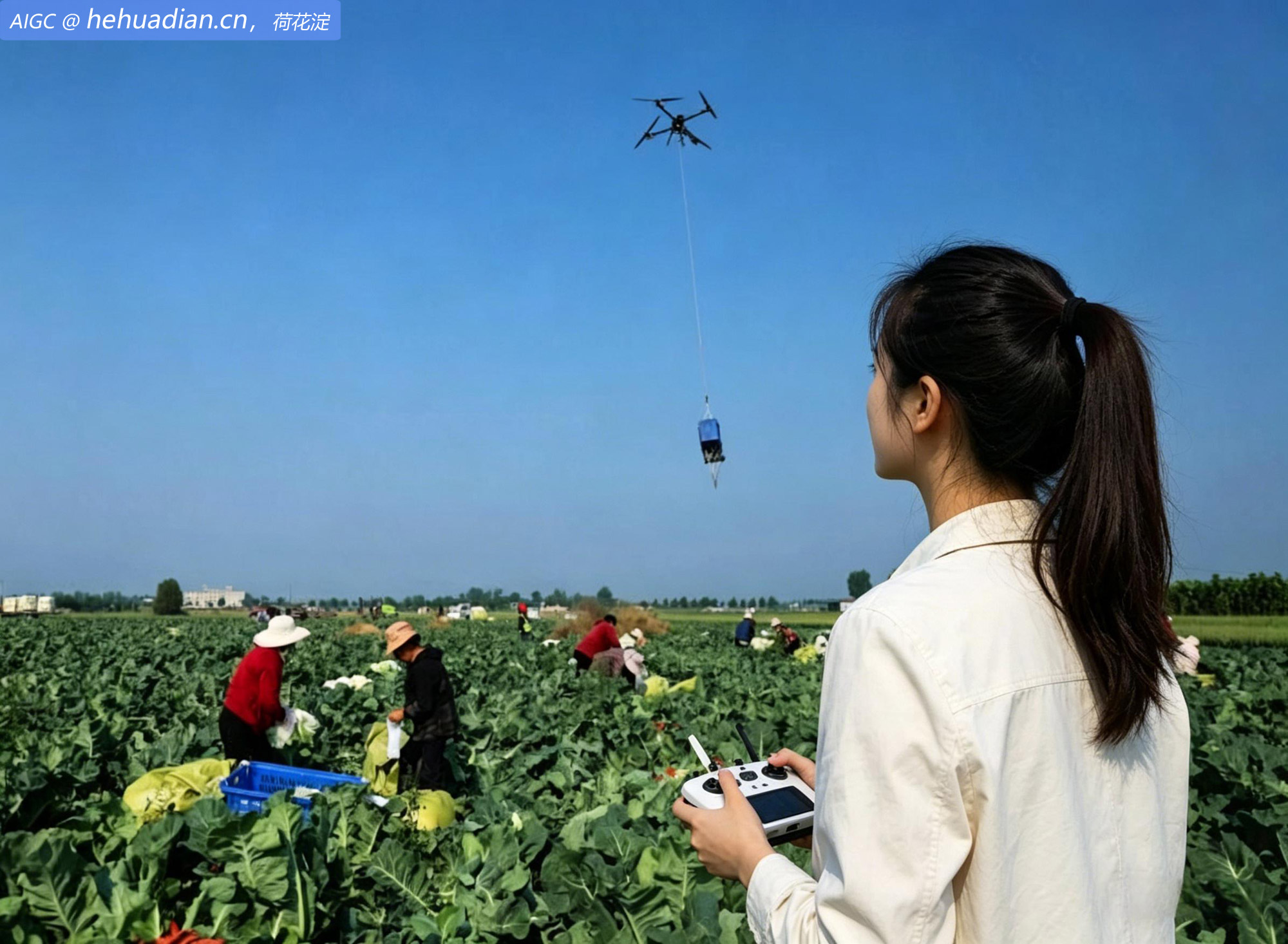 河南省南阳市侯集镇蔬菜基地，菜农操控无人机运送花菜