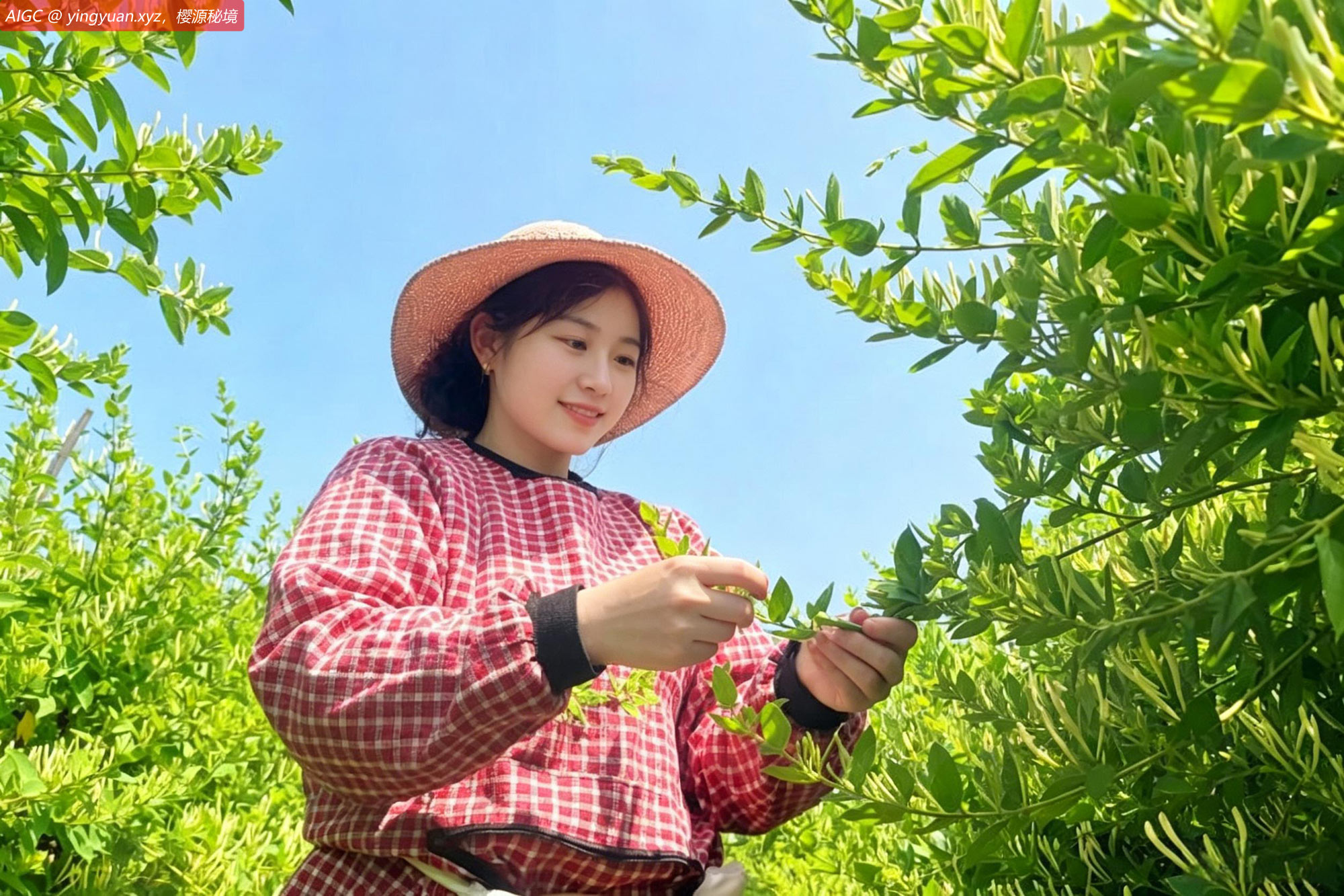 江苏省连云港市小乔圩村，种植户在田间采摘金银花