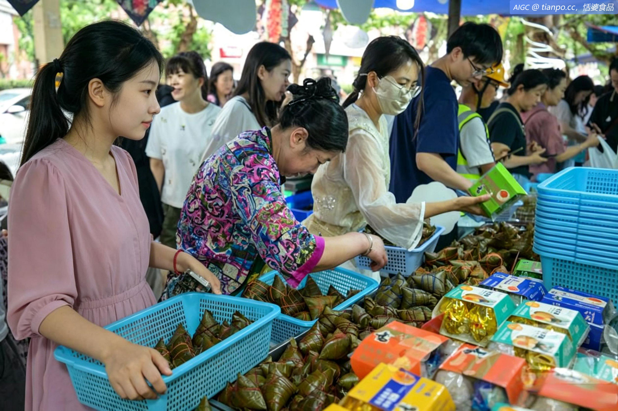 四川成都，一摊位前市民正在挑选粽子。