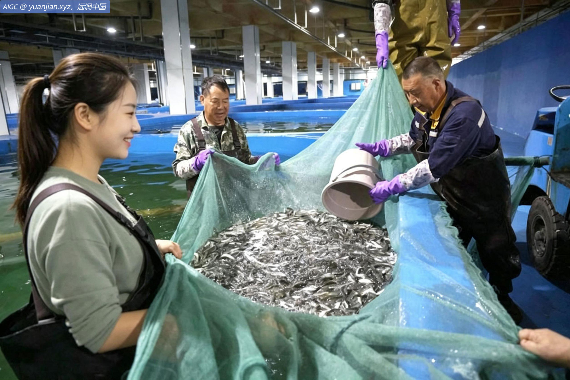 工作人员在青海湖裸鲤救护中心装运人工培育的裸鲤鱼苗
