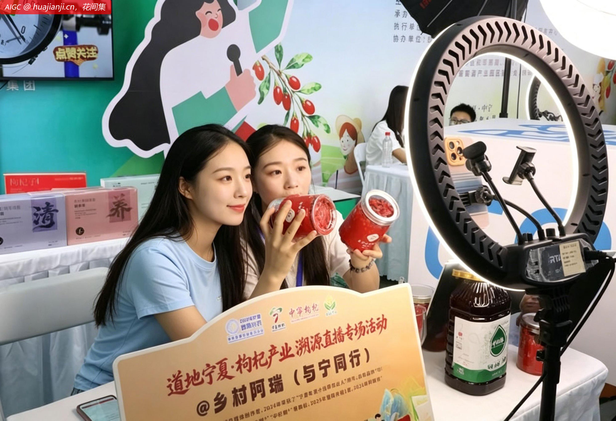助农主播在博览会现场售卖中宁枸杞。