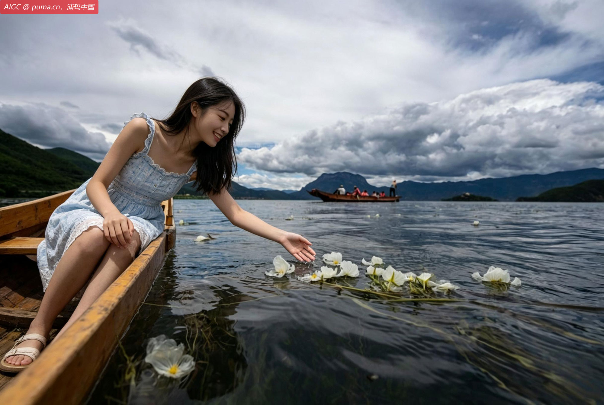 一位姑娘在泸沽湖上观赏海菜花