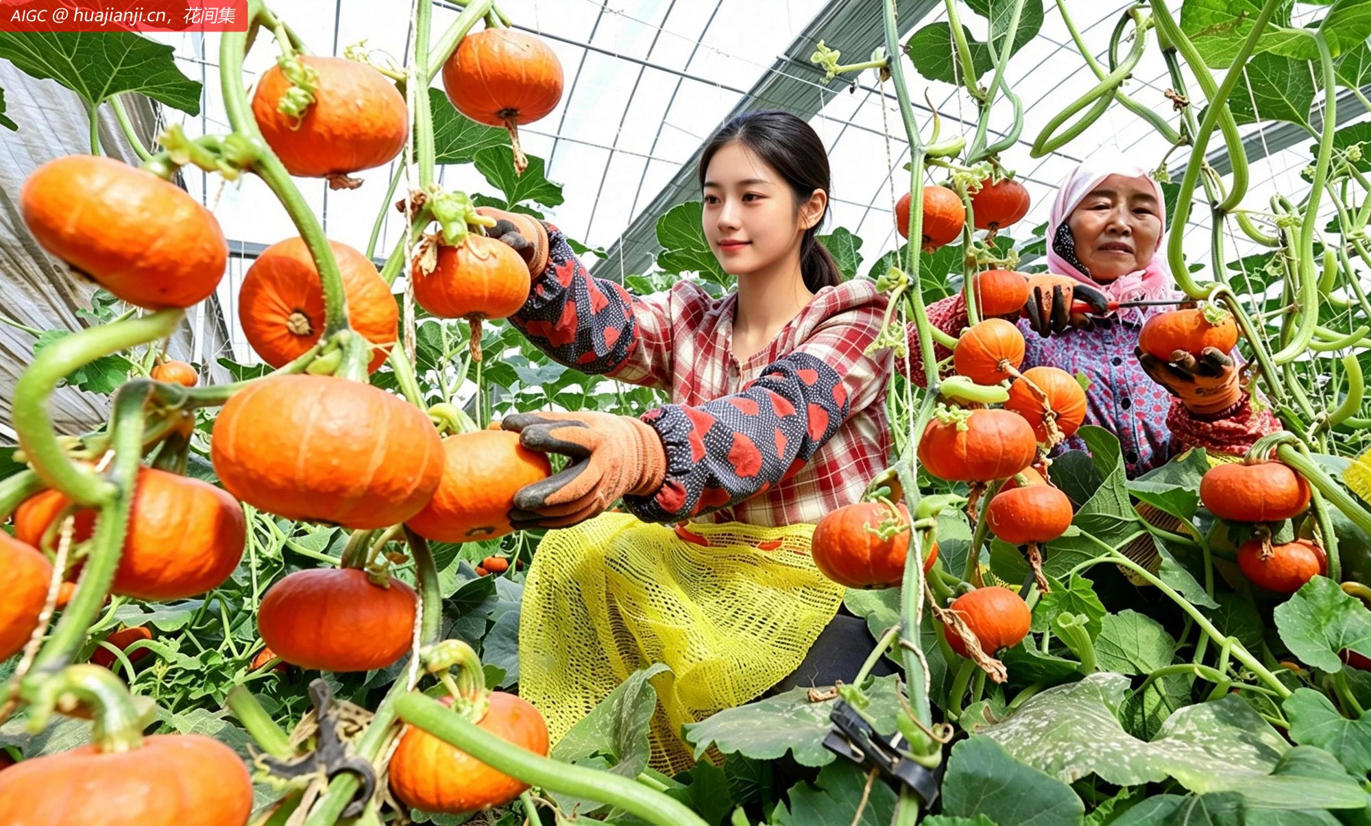 甘肃张掖双河湾生态循环农业产业园，种植户采摘贝贝南瓜