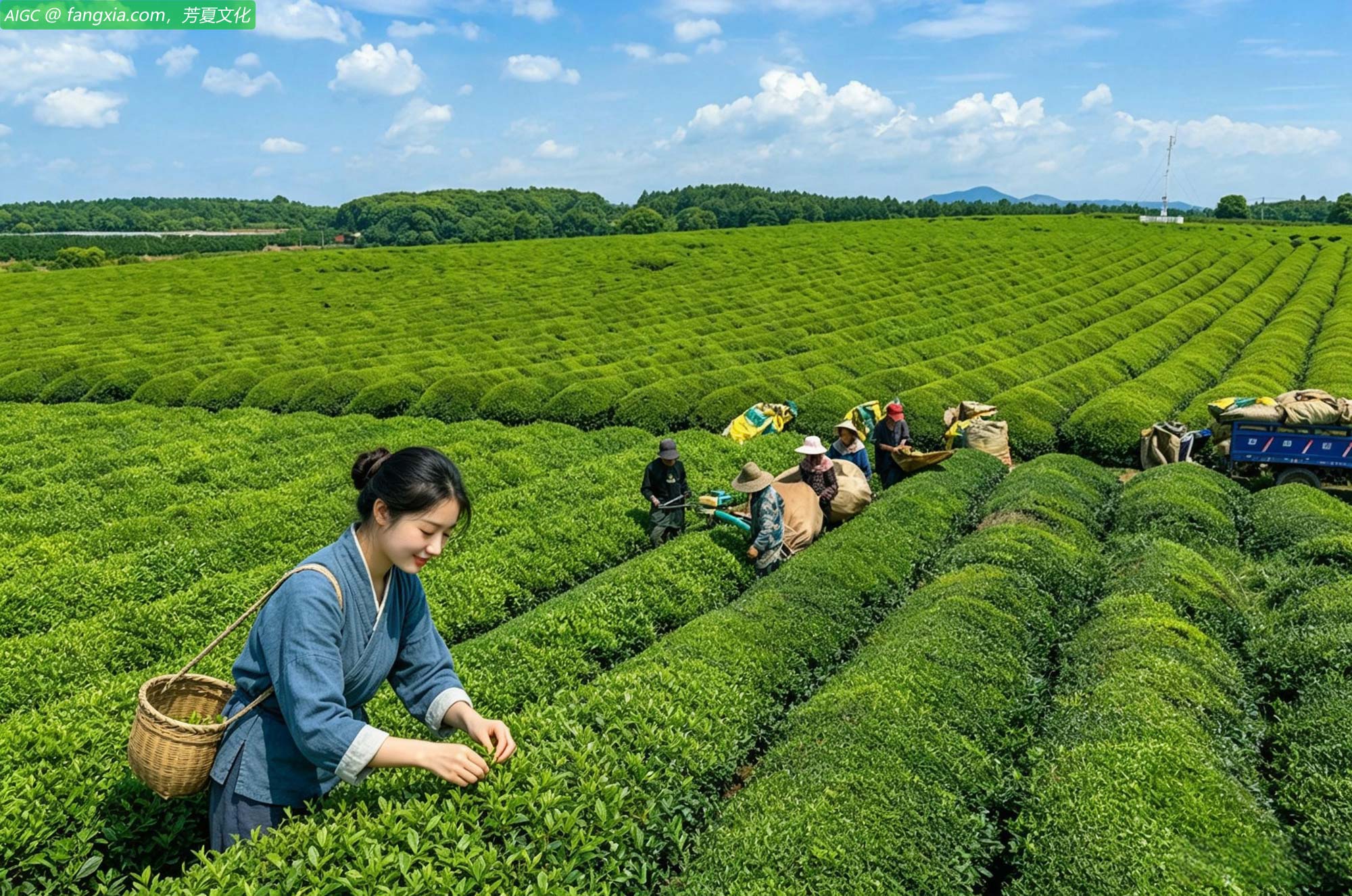 江西新余水北镇生态茶园，茶农正使用采茶机采收夏茶
