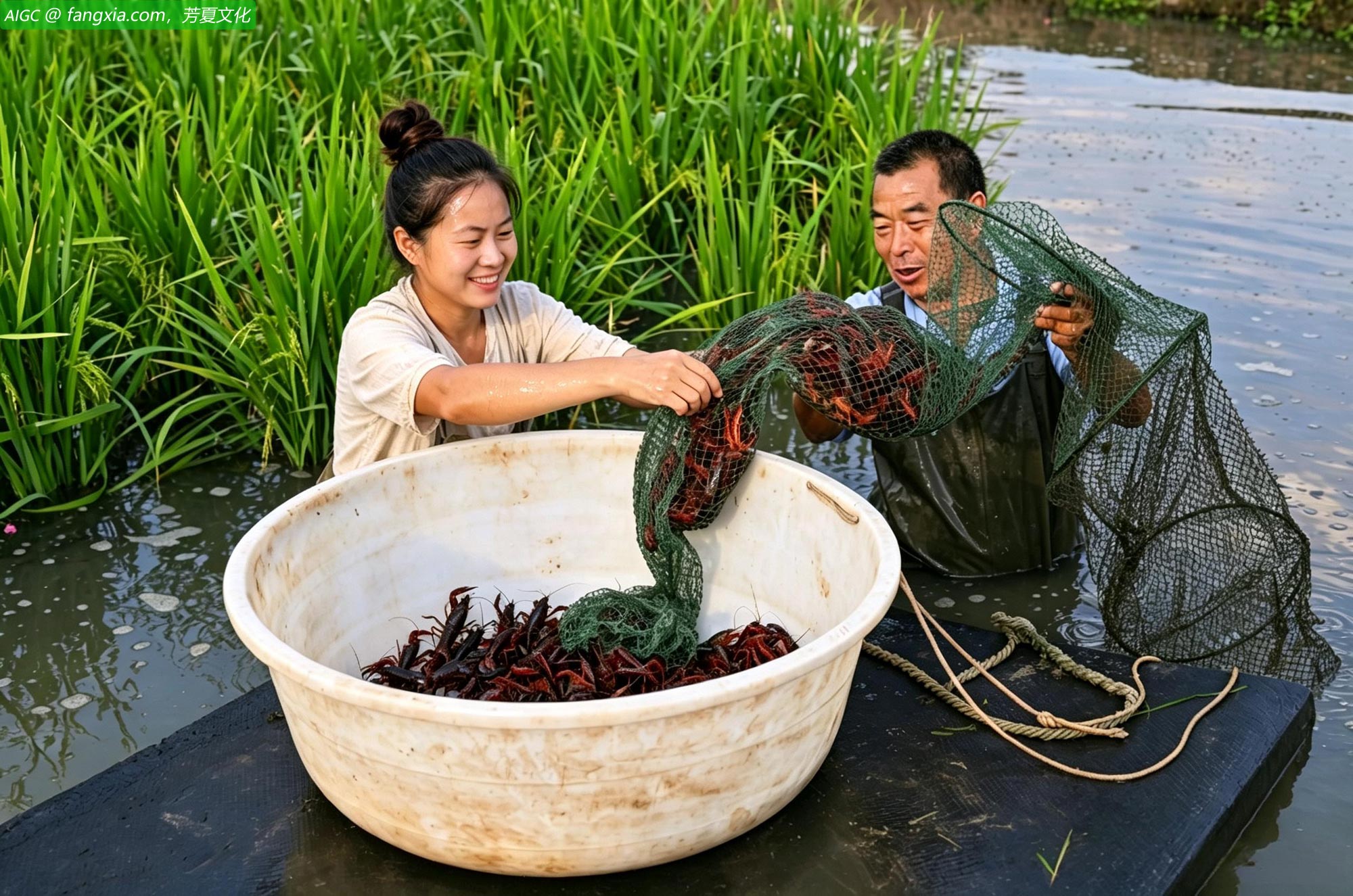 四川天府新区眉山片区长河村，农民正在收获小龙虾