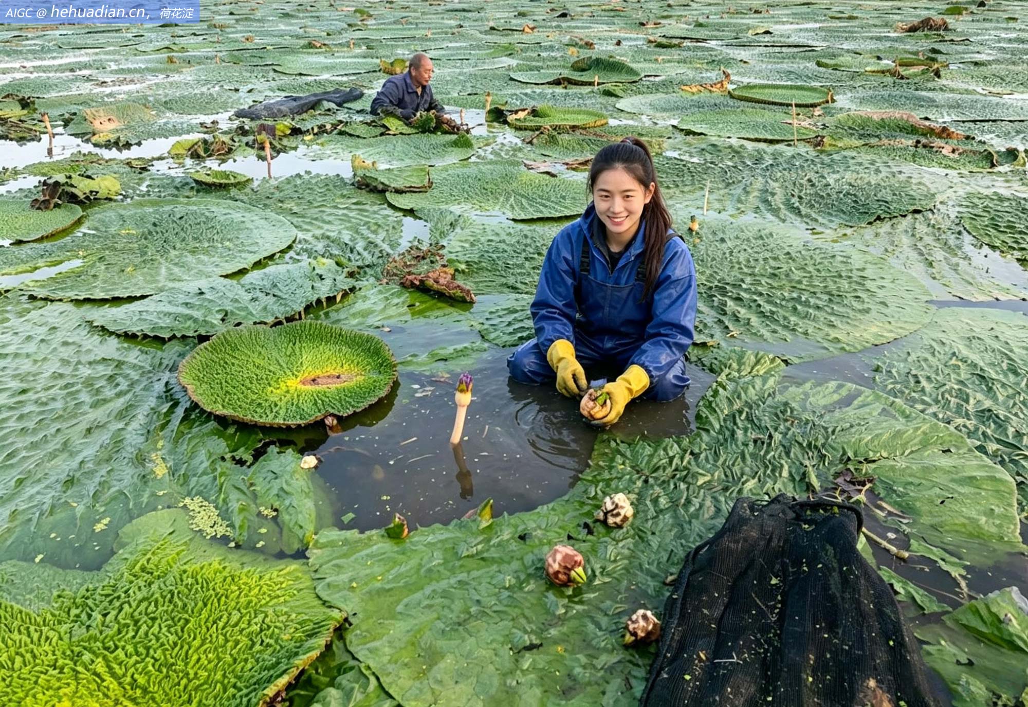 江苏泰州：农民采收成熟头茬芡实