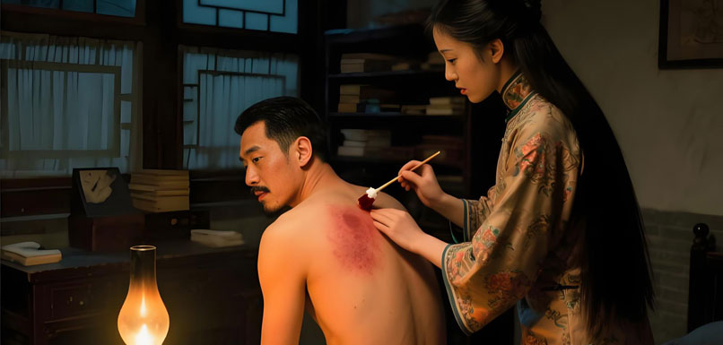 背部痛，涂碘酒。