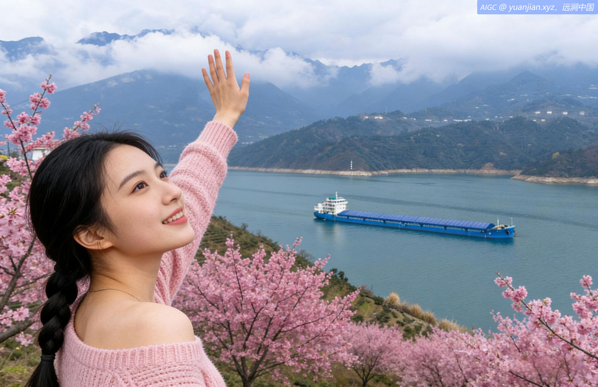 长江三峡两岸山樱花、油菜花盛开