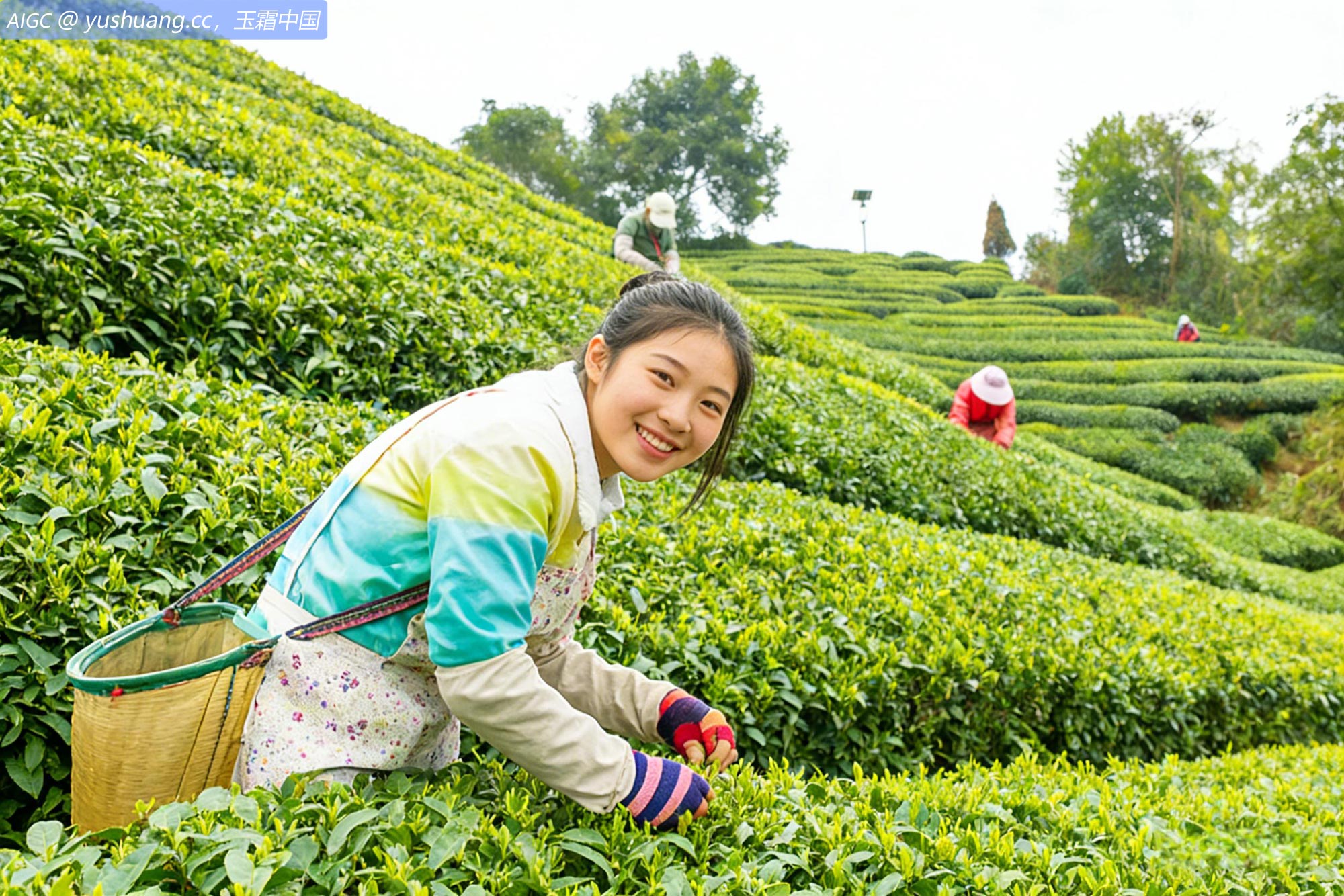 广西贺州大脑山林场茶产业基地，茶农正在采摘春茶
