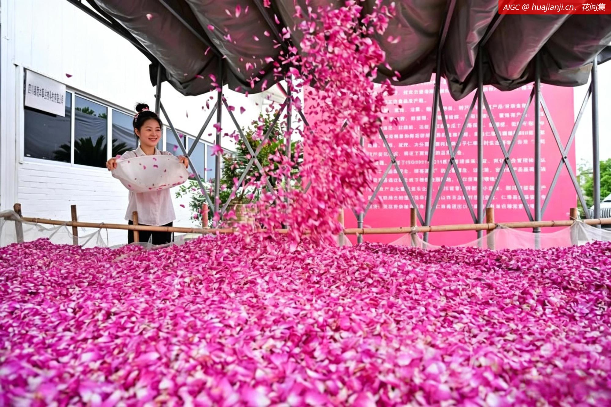 四川省眉山市飞龙村，工作人员正在烘干食用玫瑰花