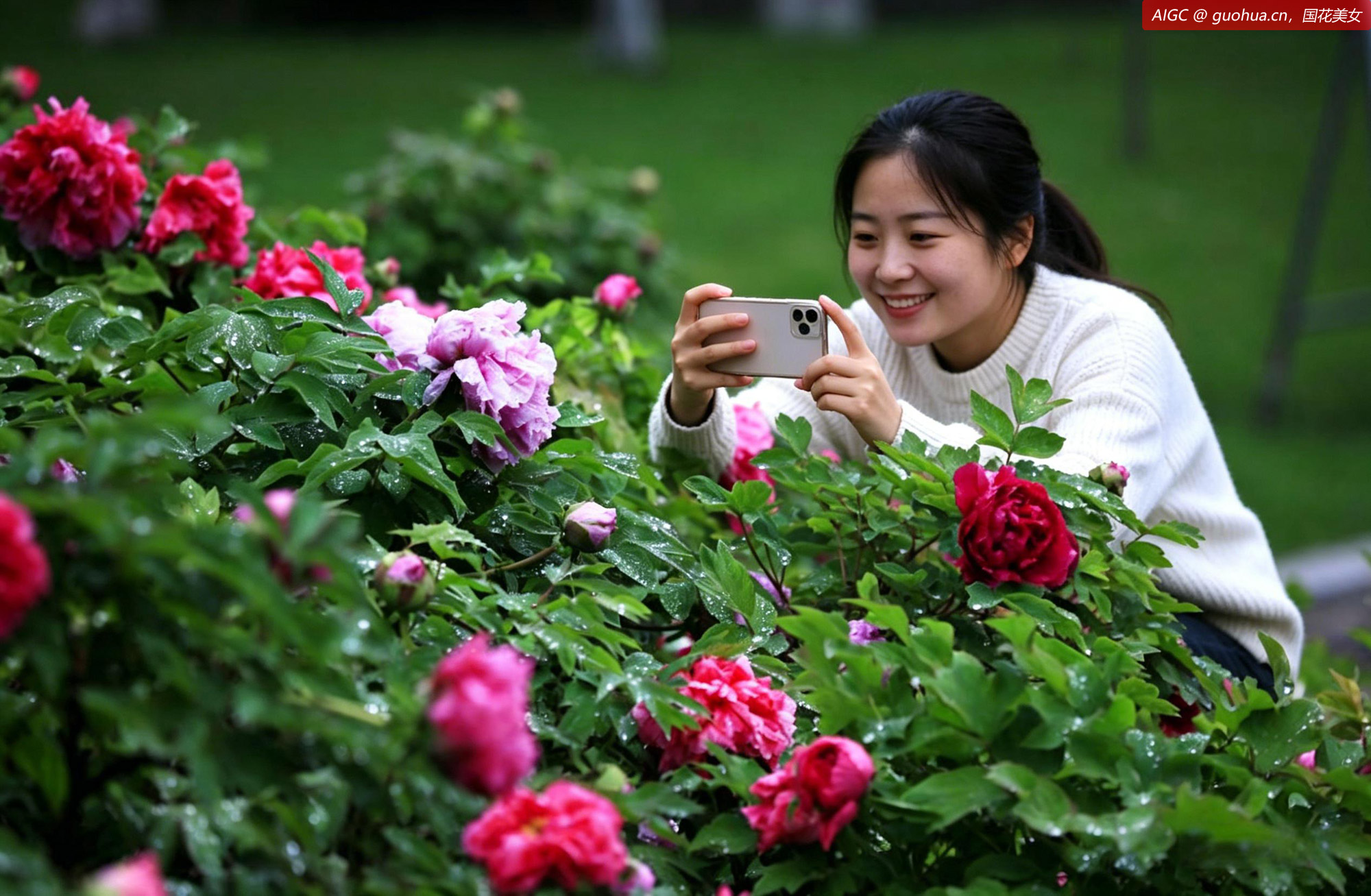 江苏省淮安市楚秀园，牡丹花在雨中盛开，花大如盘，姹紫嫣红
