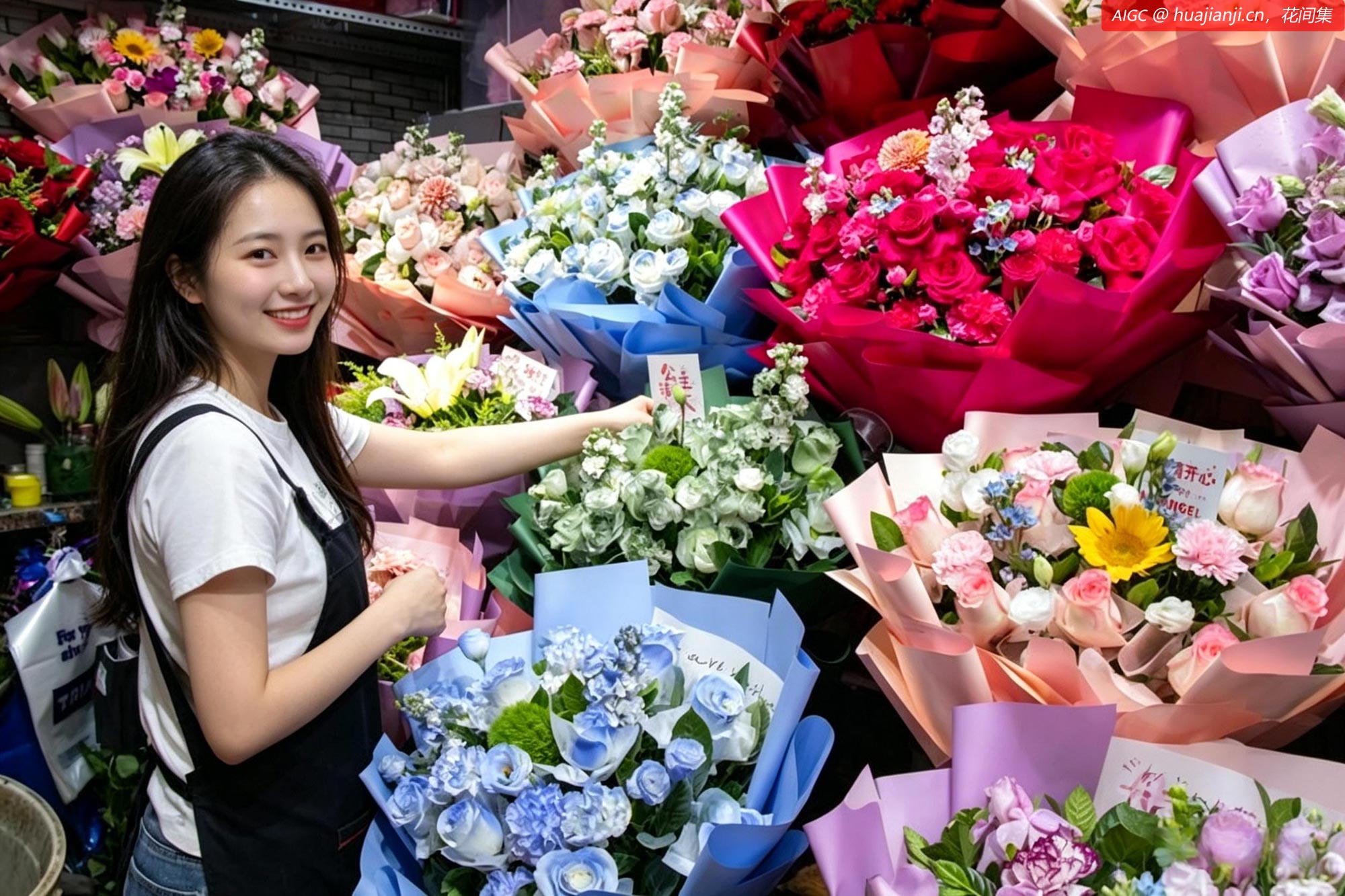 新疆乌鲁木齐市明珠花卉市场，花店老板在包装鲜花
