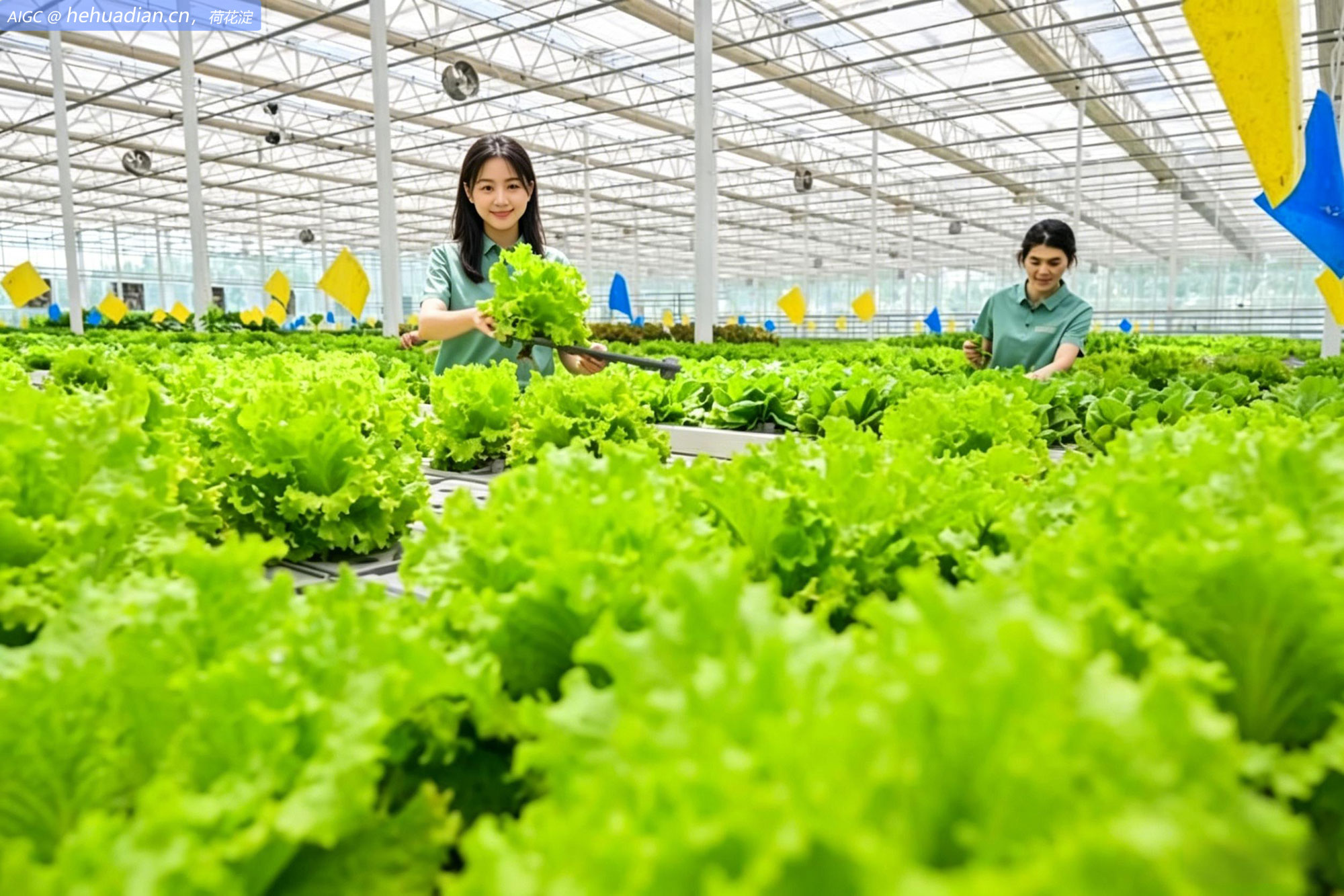 新疆昌吉智慧农业科技馆内，工作人员在采摘蔬菜