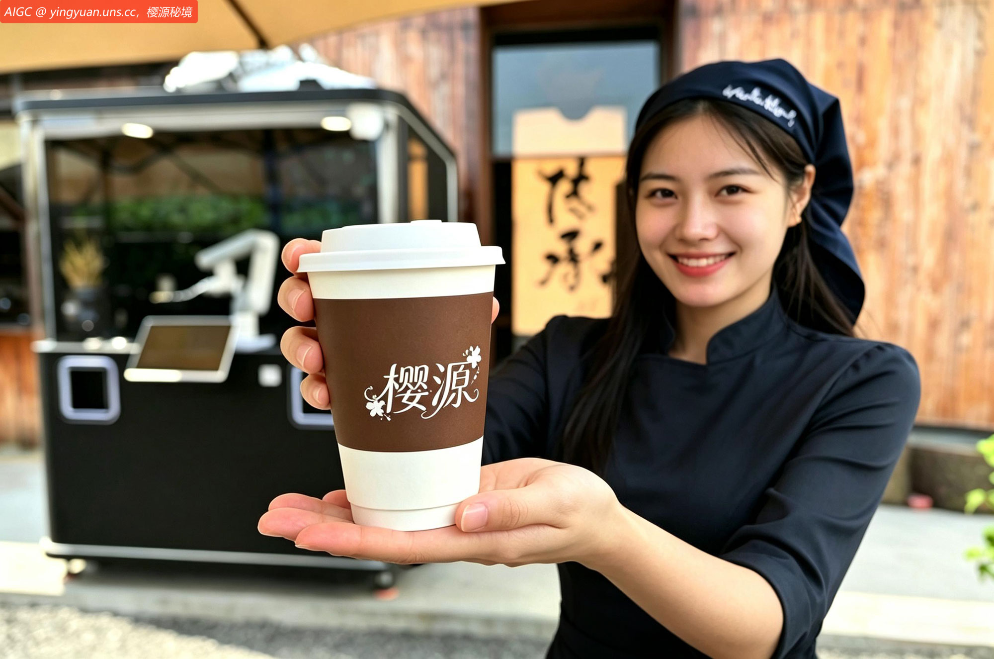 河北赵县，工作人员展示AI无人咖啡机制作的梨膏咖啡