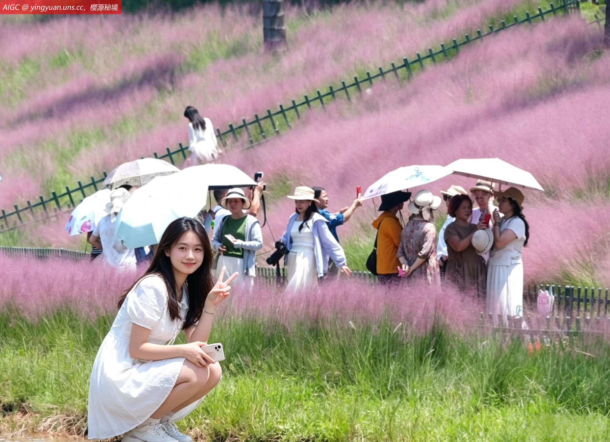游客在南宁园博园观赏粉黛乱子草