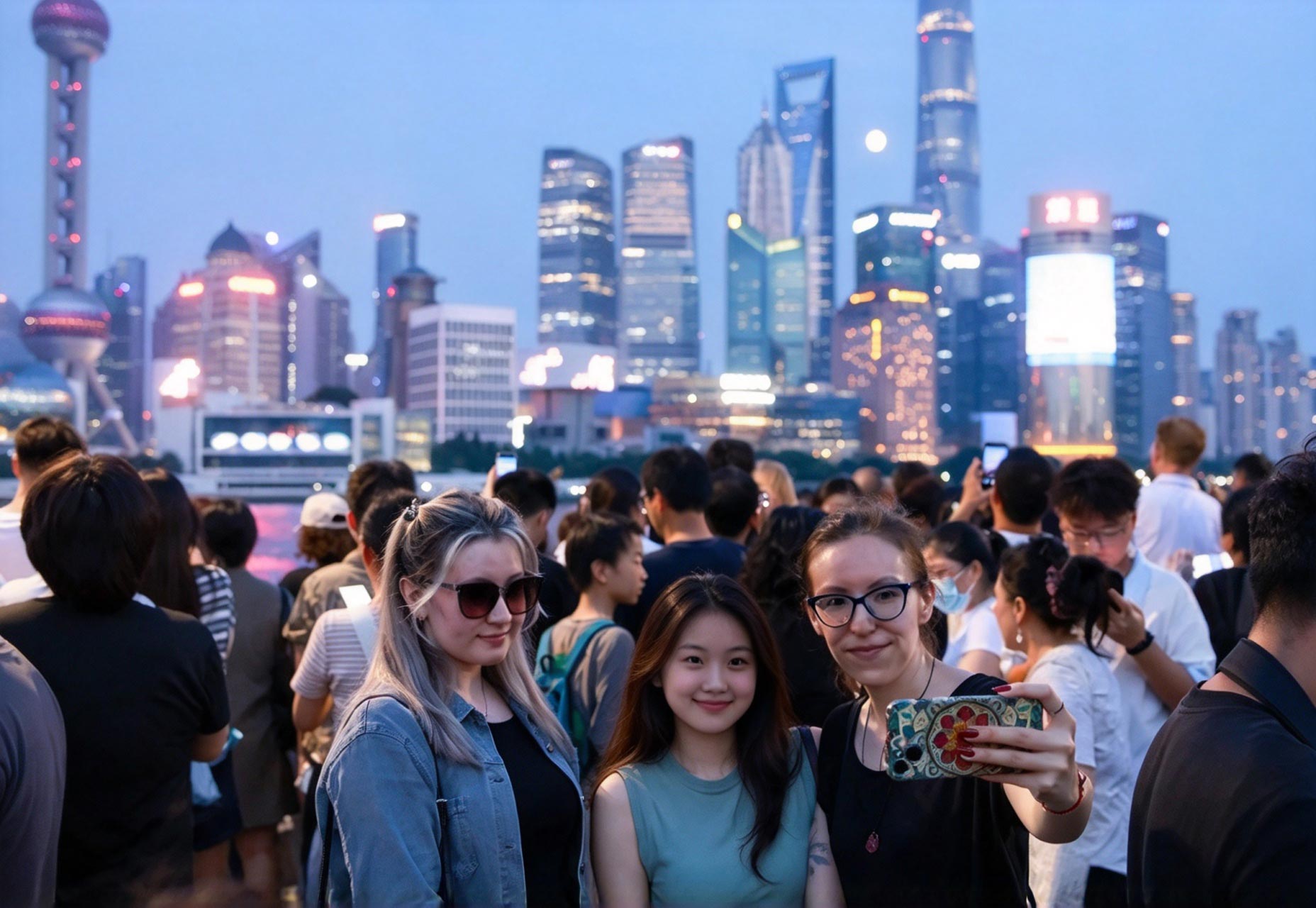 中秋佳节，上海外滩游人如织。