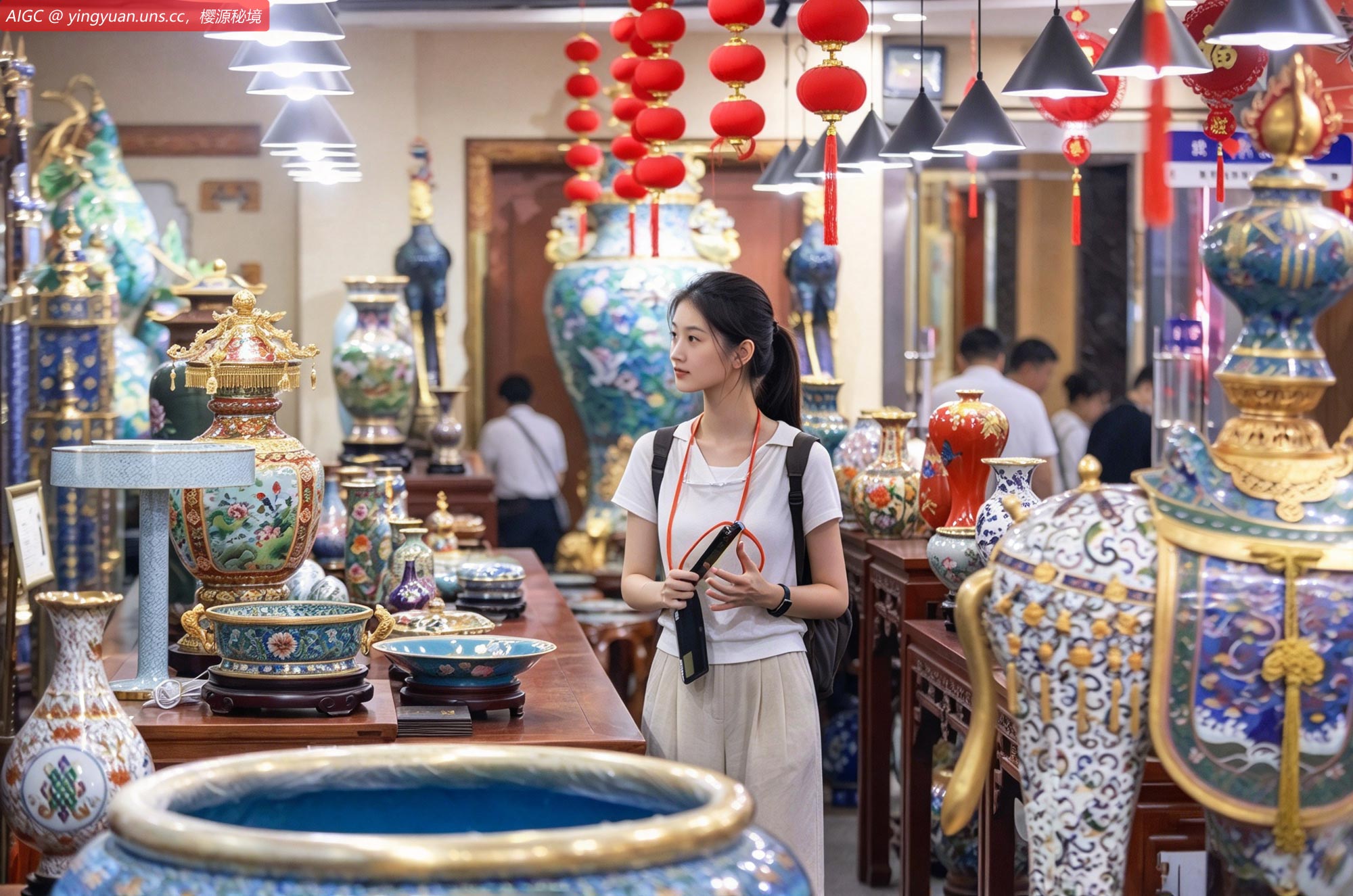 中外游客在北京市珐琅厂参观景泰蓝工艺品